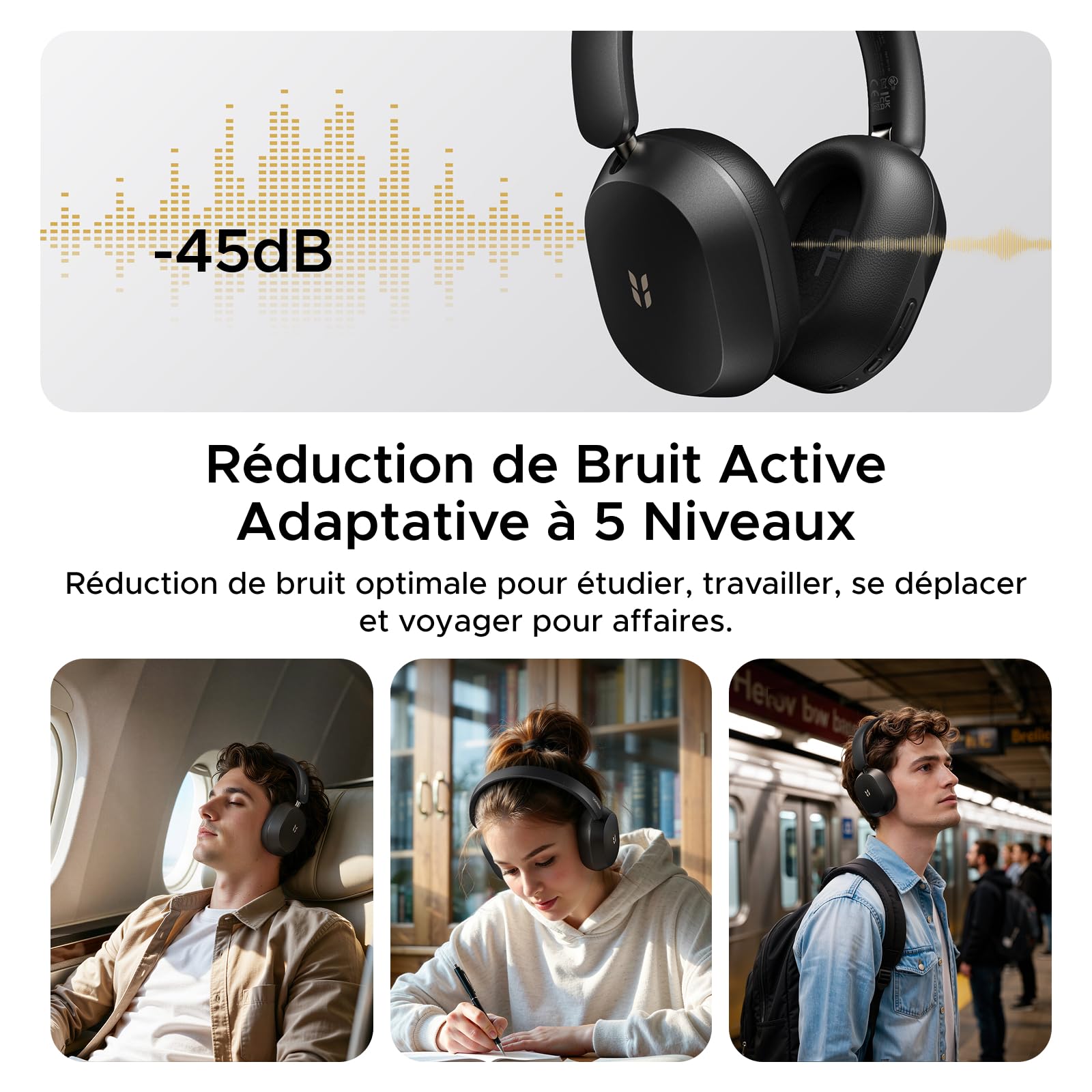 UGREEN HiTune Max 5s Casque Bluetooth sans Fil ANC Adaptative 45dB Hi Res | Casque Audio LDAC 5 Micros BT 6.0 Audio Spatial Réduction Active du Bruit Adaptative EQ App 112H Connexion Multipoint Noir