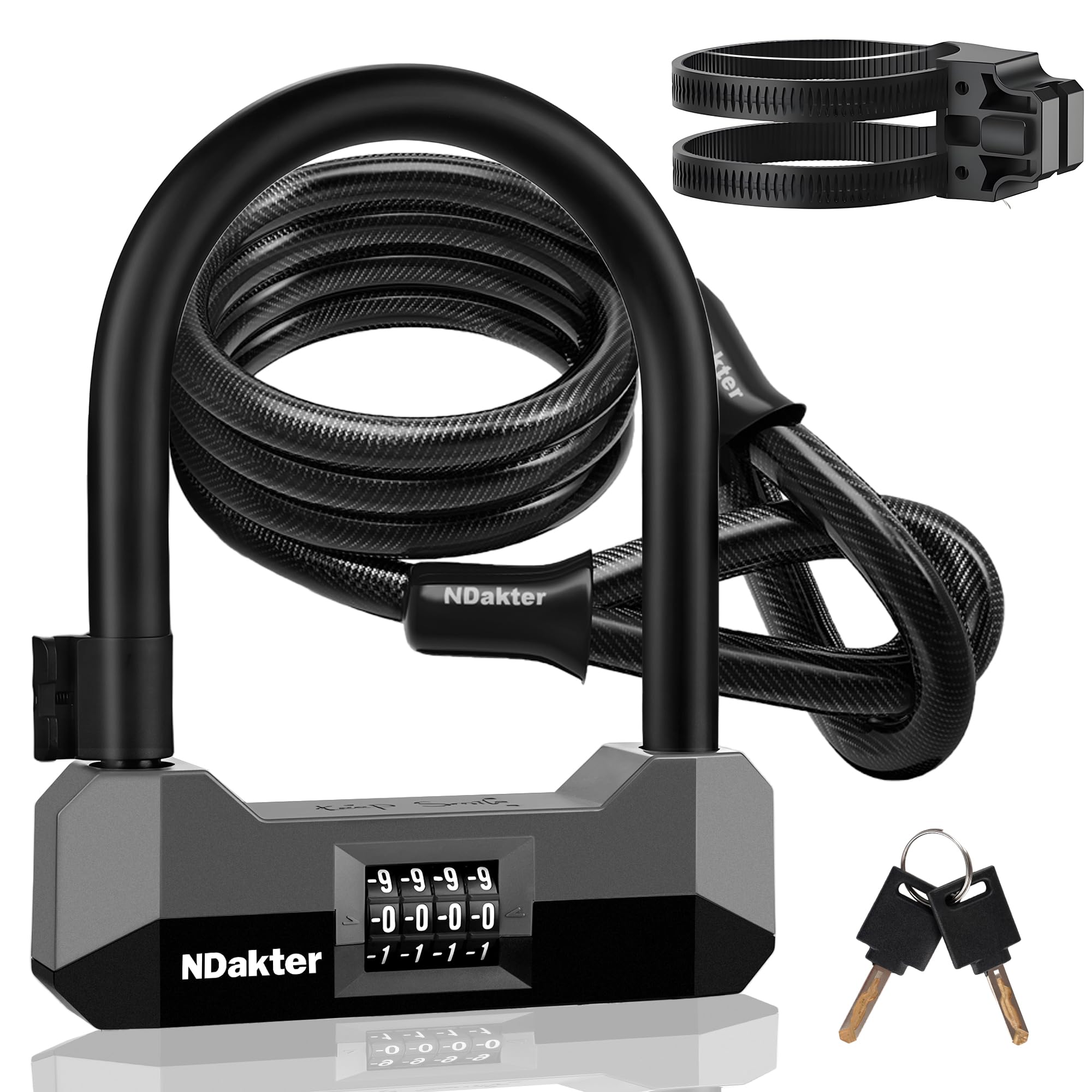 NDakter Bike Locks Heavy Duty Anti Theft, 18mm Bicycle Combo U Lock, 4-Digit Resettable Combination Lock with 5FT Steel Cable and Bracket, for Electric Scooter, Ebike, Motorcycle (Gray)