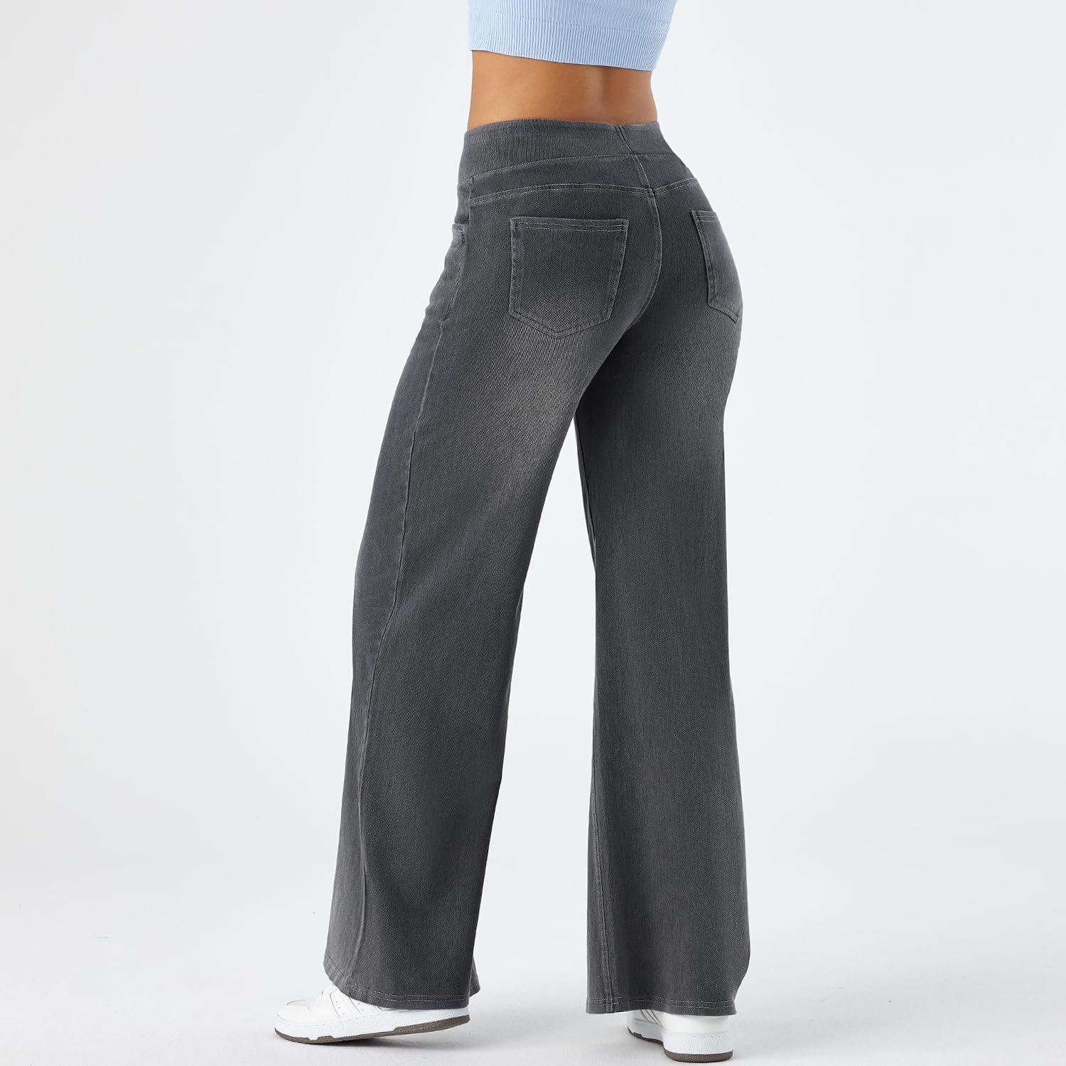 Women's High Rise Wide Leg Jeggings - Stretch Pull On Jeans-Style Pants, Soft Denim with Pockets - Image 2