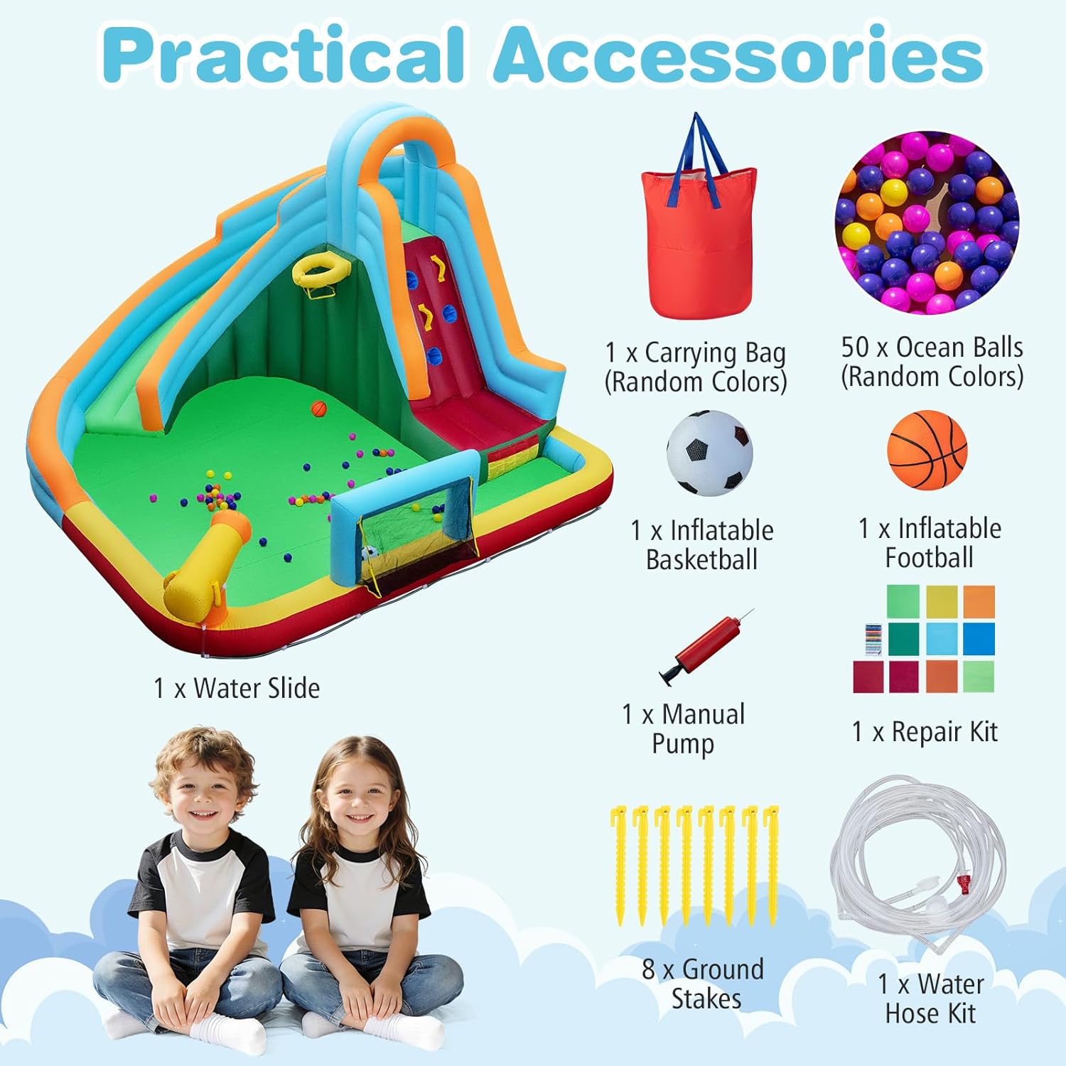 HONEY JOY Inflatable Water Slide, 6 in 1 Mega Bouncy Water Park w/Slide, Splash Pool, Climbing Wall, Soccer Goal, Outdoor Blow Up Waterslide for Big Kids Backyard Gift (Without Blower)