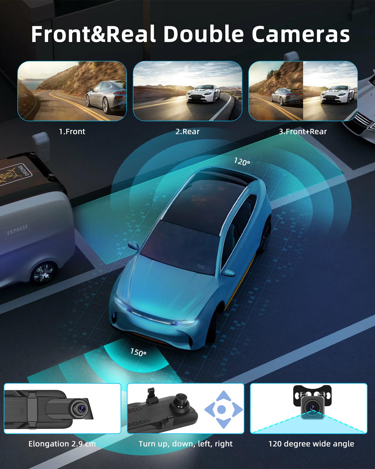 2.5K Mirror Dash CAM con 1080P Backup Camera - 9.66 Inch Touchscreen Dashcam Soporte Parking Monitoring Loop Recording G-Senors 150°Wide Angle + 64GB SD Card