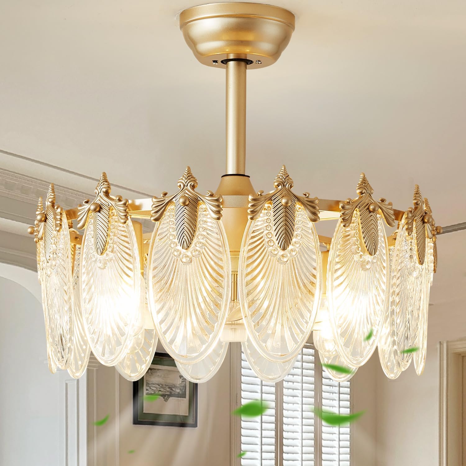 Crystal Fandelier Ceiling Fan with Light Chandelier Fan Glass Semi Flush Mount Remote Control 6 Speeds 20 Inch Low Profile for Girl's Bedroom Living Room Kitchen Island