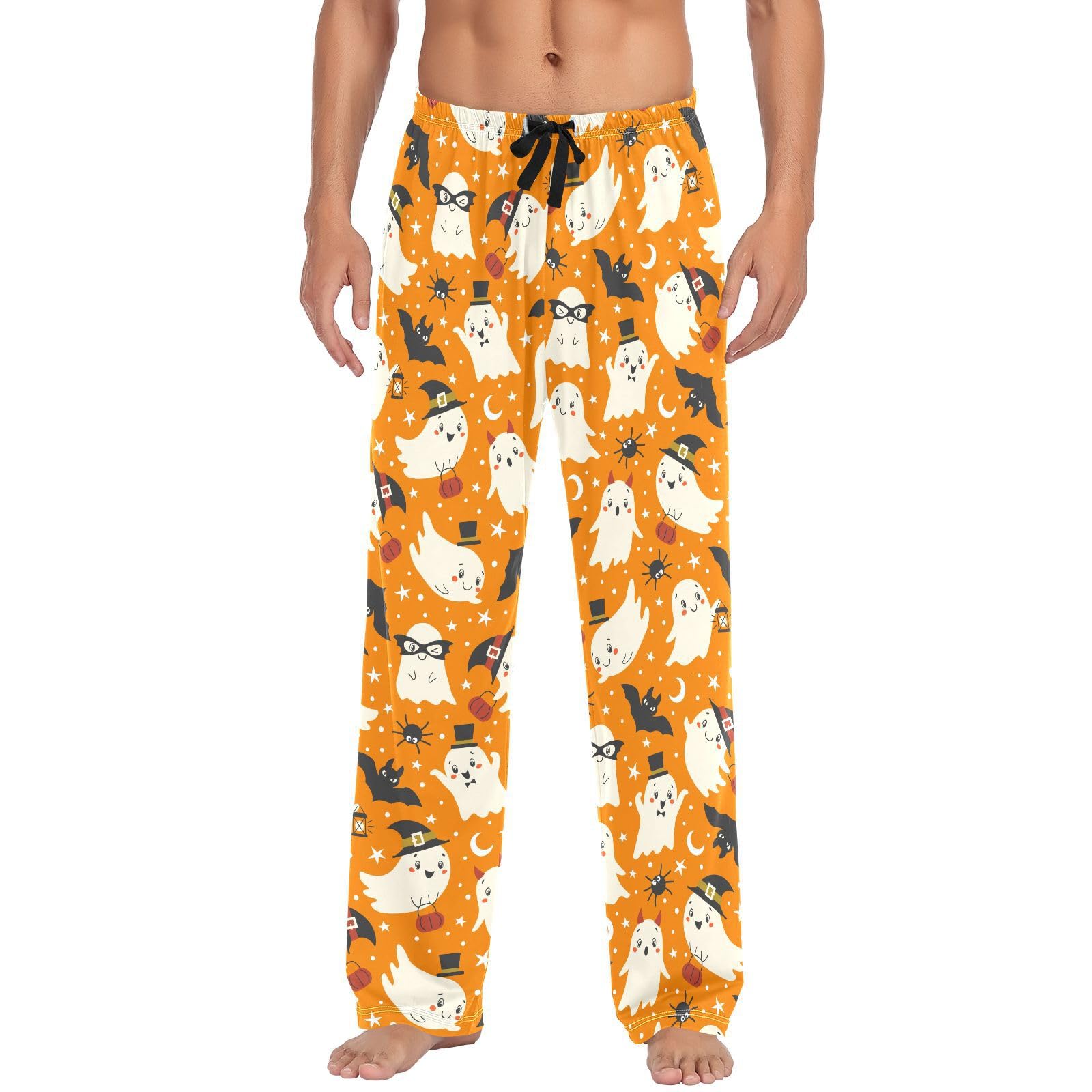 Pyjamahose für Herren, Halloween, Geist, Fledermaus, Spinnen, Herren-Schlafhose, 100 % Baumwolle, gerade Passform, Pyjamahose mit Taschen, Kordelzug, Größe L, mehrfarbig, L