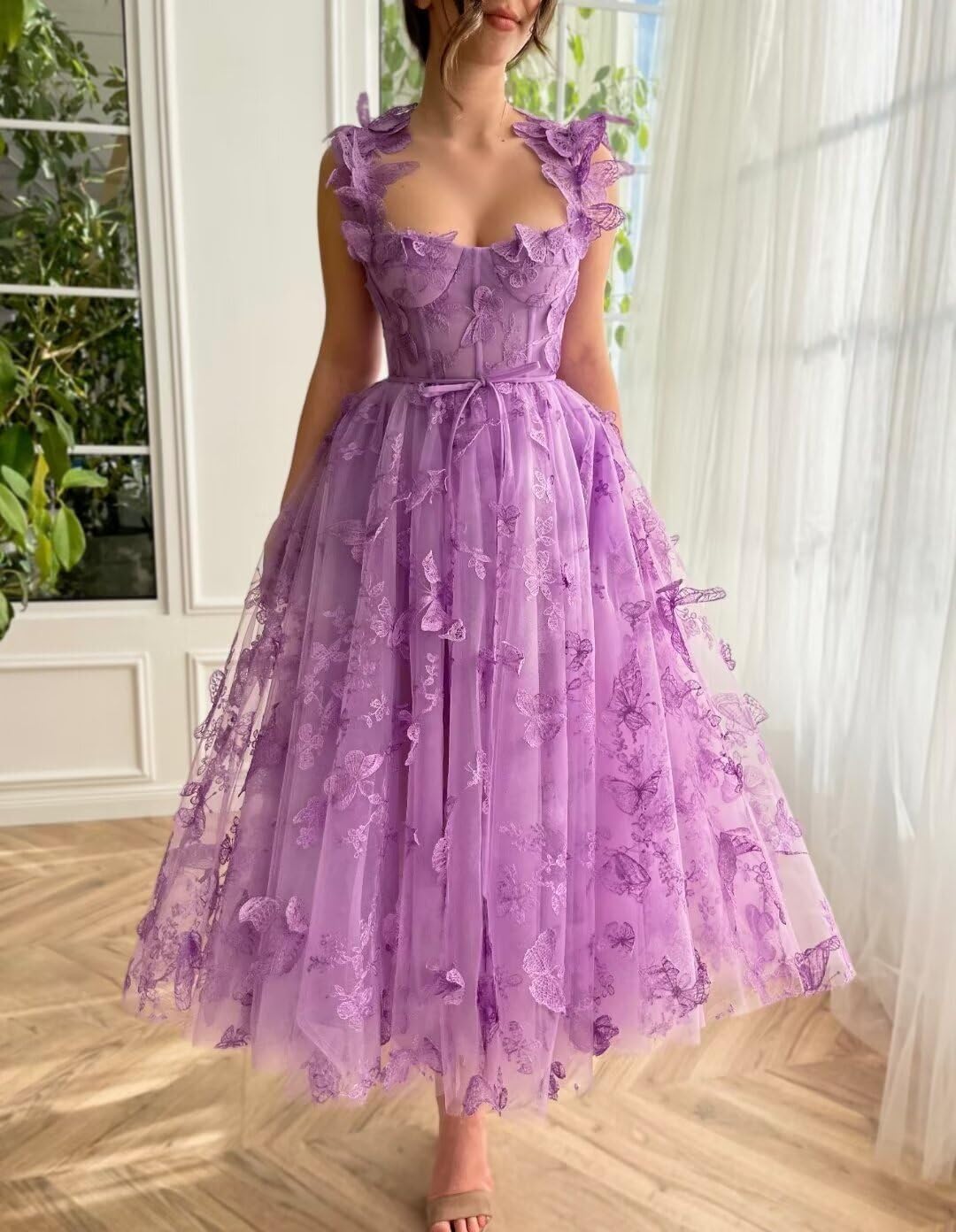 Tulle 3D Butterflies Prom Dresses for Teens Embroidered Spaghetti Strap Evening Party Gowns with Pocket