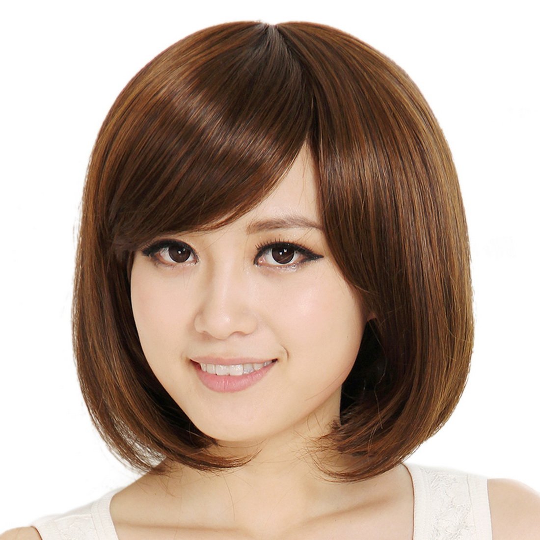 HOOLAZA Woman Short Light Brown Straight Oblique Bangs Natural Looking Wig Bob Hair Wig