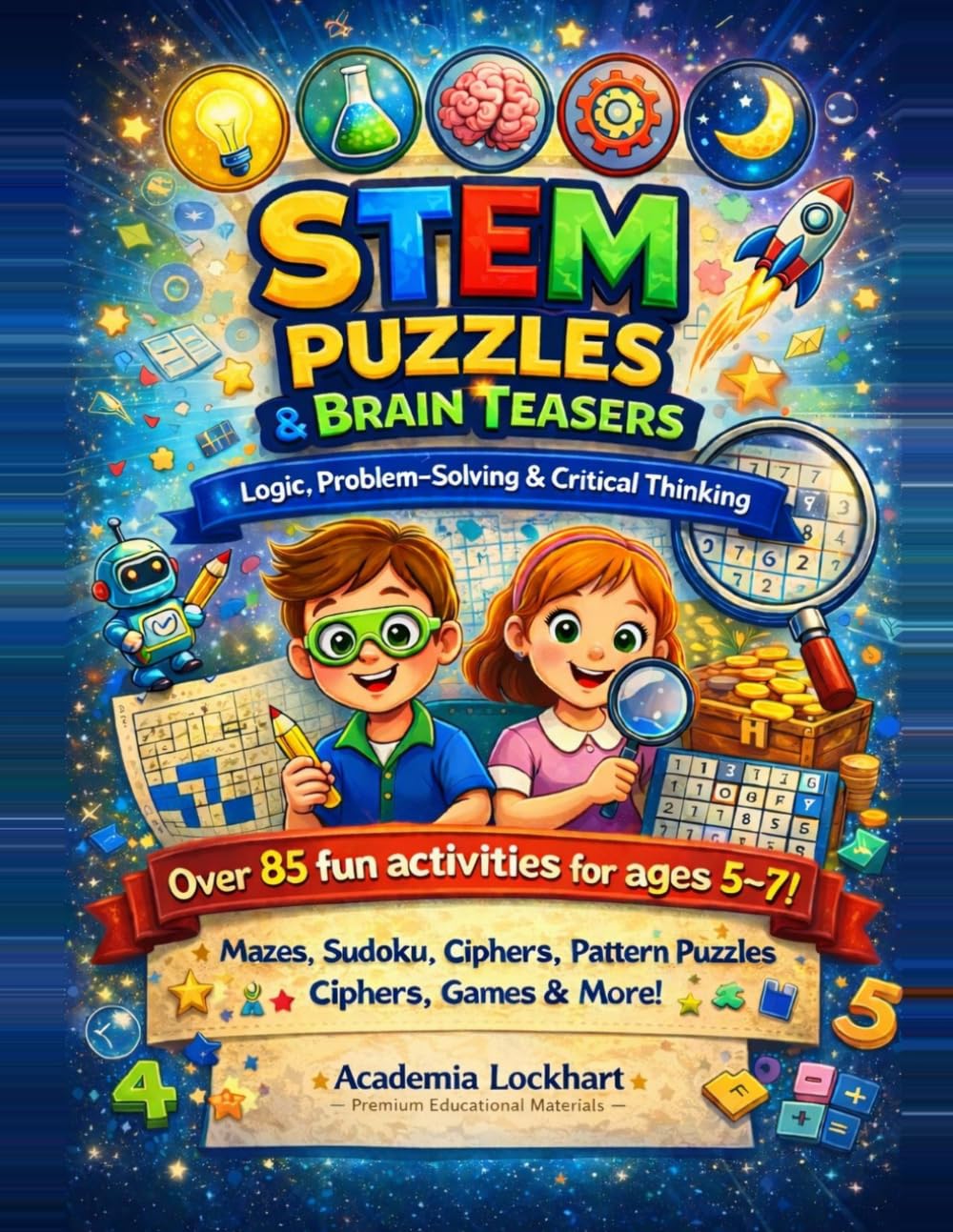 STEM Puzzles & Brain Teasers for Kids Ages 5–7: 85+ Fun Activities: Mazes, Sudoku, Pattern Puzzles, Ciphers & Logic Games for Critical Thinking and Problem-Solving (The STEM Adventure Series)