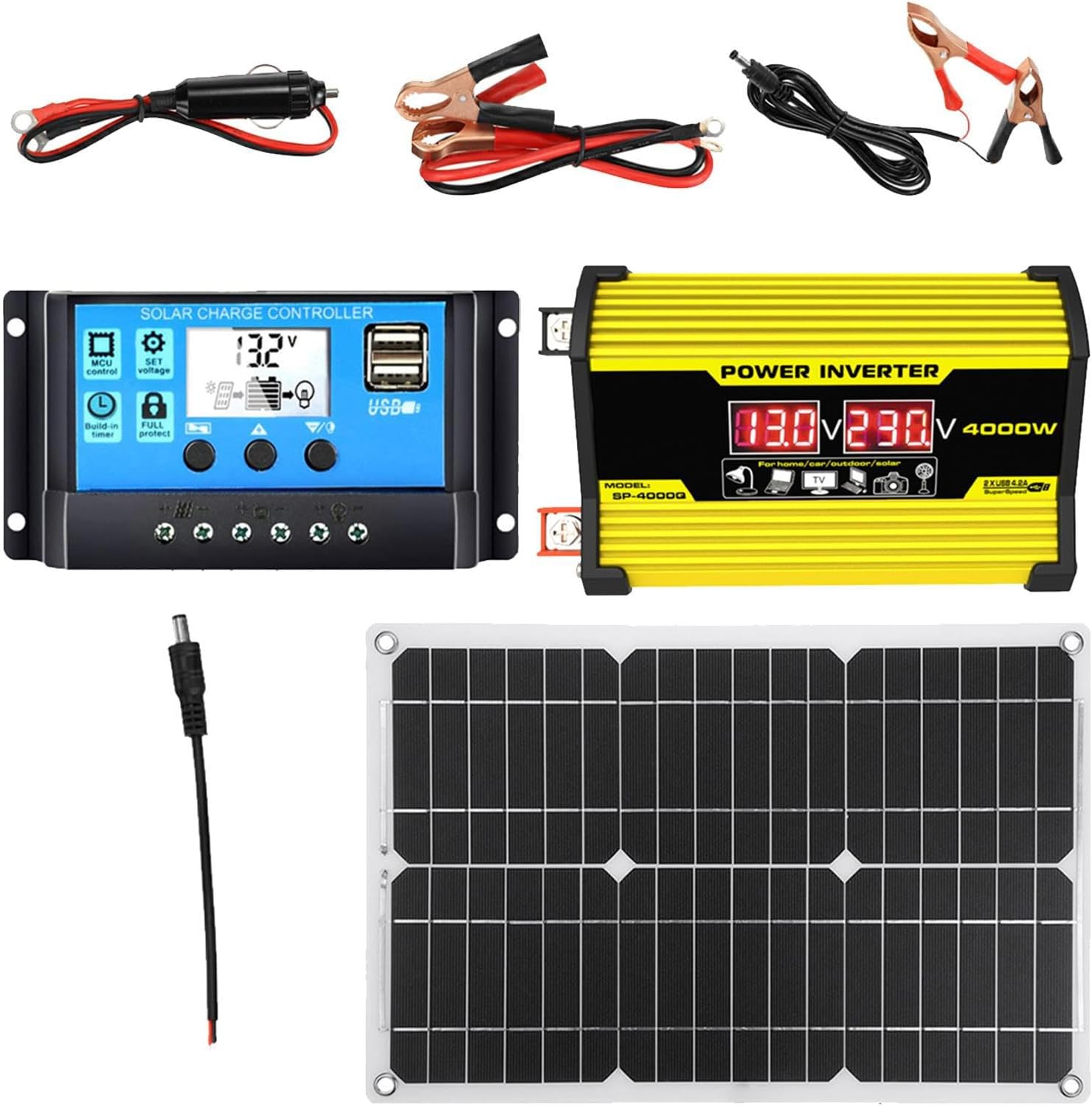 Complete Solar System - 300W Inverter with 2 USB Ports | 2V/220V/110V | 18W 12V Solars Panel 300W Inverter Power Charger | DC 12V to AC 110V/220V Solar Power Converter 30A Controller with 2 USB Ports