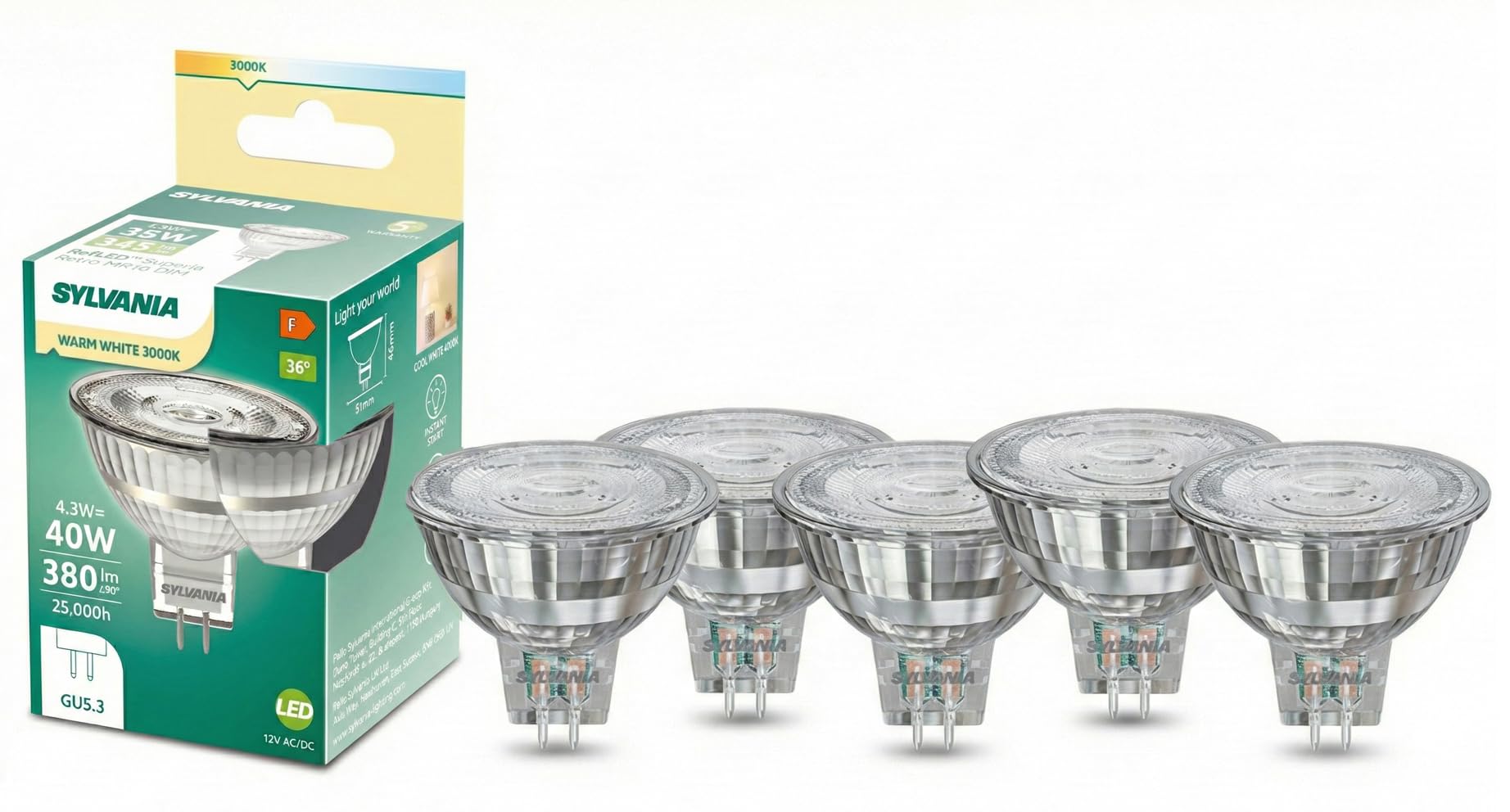 SYLVANIA RefLED Superior MR16 LED Bulbs, 345 Lumens, Warm White 3000K, 36° Beam Angle, 4.3W, Energy Efficient, 12V - 5 Pack