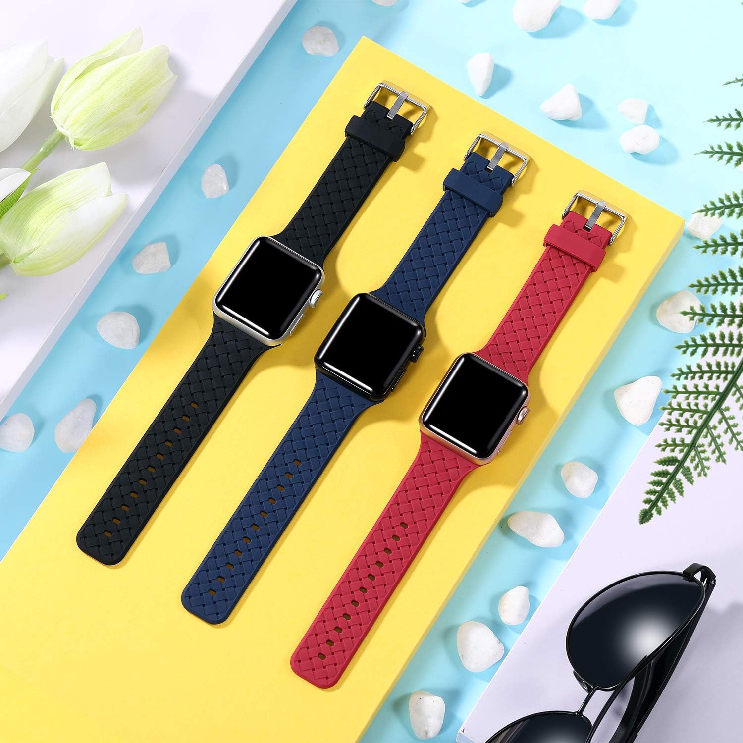 Blасk Frіdау - 50% оƒƒ Haveda Silicone Band Compatible for Apple Watch 40mm Series 6 Series 5/4, Sport Weaves Pattern Bands for Apple Watch SE Women, iWatch 38mm Series 3/2/1 Men 38mm/40mm M/L 3Pack (Black/Blue/Wine)