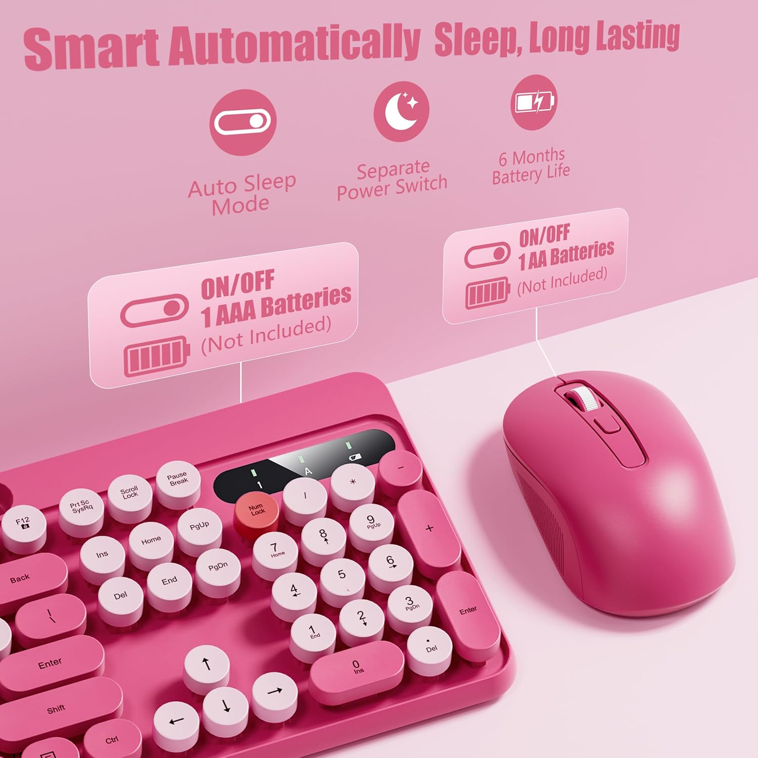 Hamile Wireless Keyboard and Mouse Combo - Detachable Wrist Rest, Phone/Tablet Holder, Retro Typewriter Style Keyboard, Colorful Round Keycaps, 2.4GHz Wireless for Windows/Mac/PC/Laptop, Pink