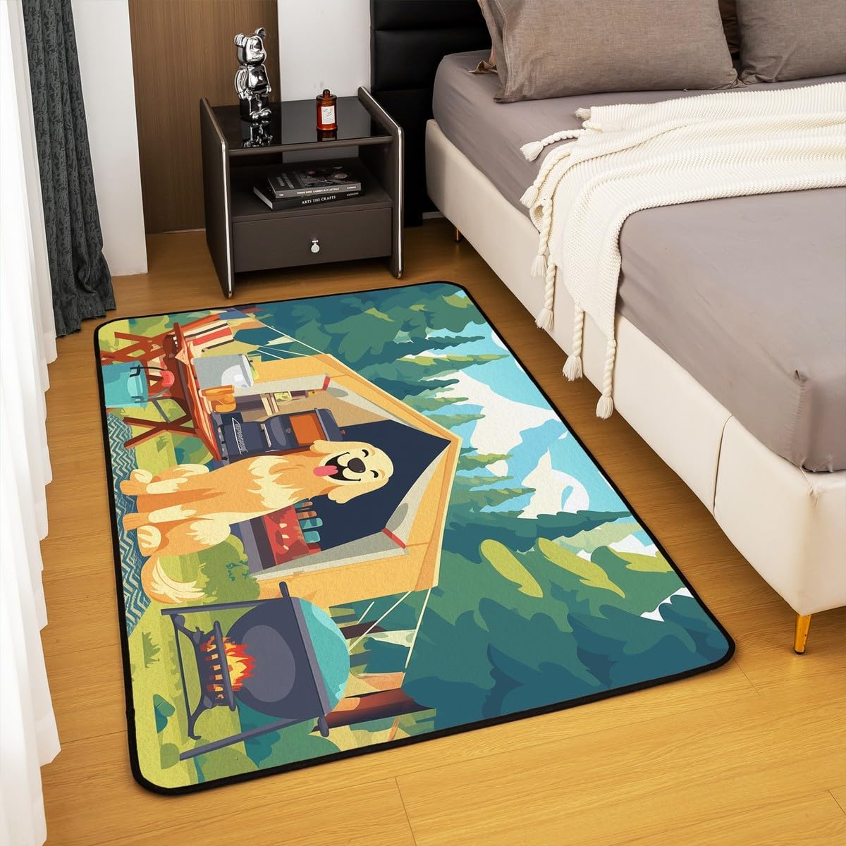 Cartoon Dog Area Rug 3x5 Camper Adventure Tent Rug for Girls Boys Kids Adult Happy Camping Style Carpet for Living Room Rustic Farmhouse Non Slip Washable Decorative Rug