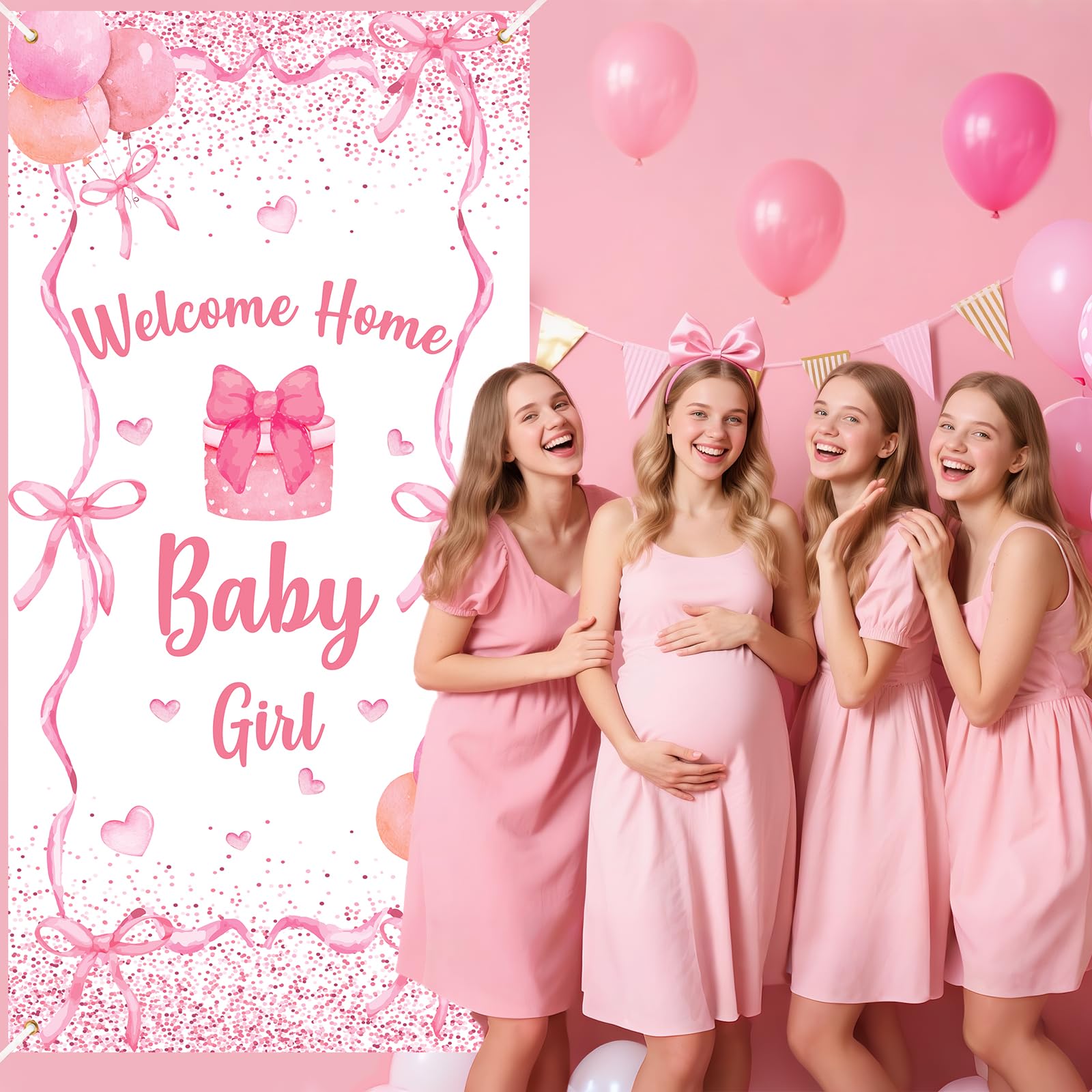 Decoración de pancarta de bienvenida a casa para bebé, decoración de baby shower, diseño de lazo rosa, decoración de coqueta, cubierta de puerta de bebé, telón de fondo para niñas, revelación de
