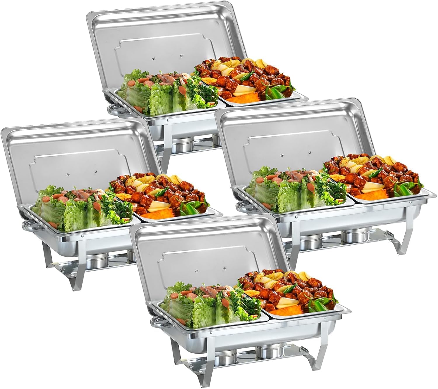 4PC Acier Inoxydable Qualité PROFESSIONNELL, 9L Chauffant Chauffe Plat en Acier INOX Alimentaire, Grande Capacité Et Chauffe-Plats pour Fêtes, 2 Compartiments à Aliments en Acier Inoxydable Alimentair