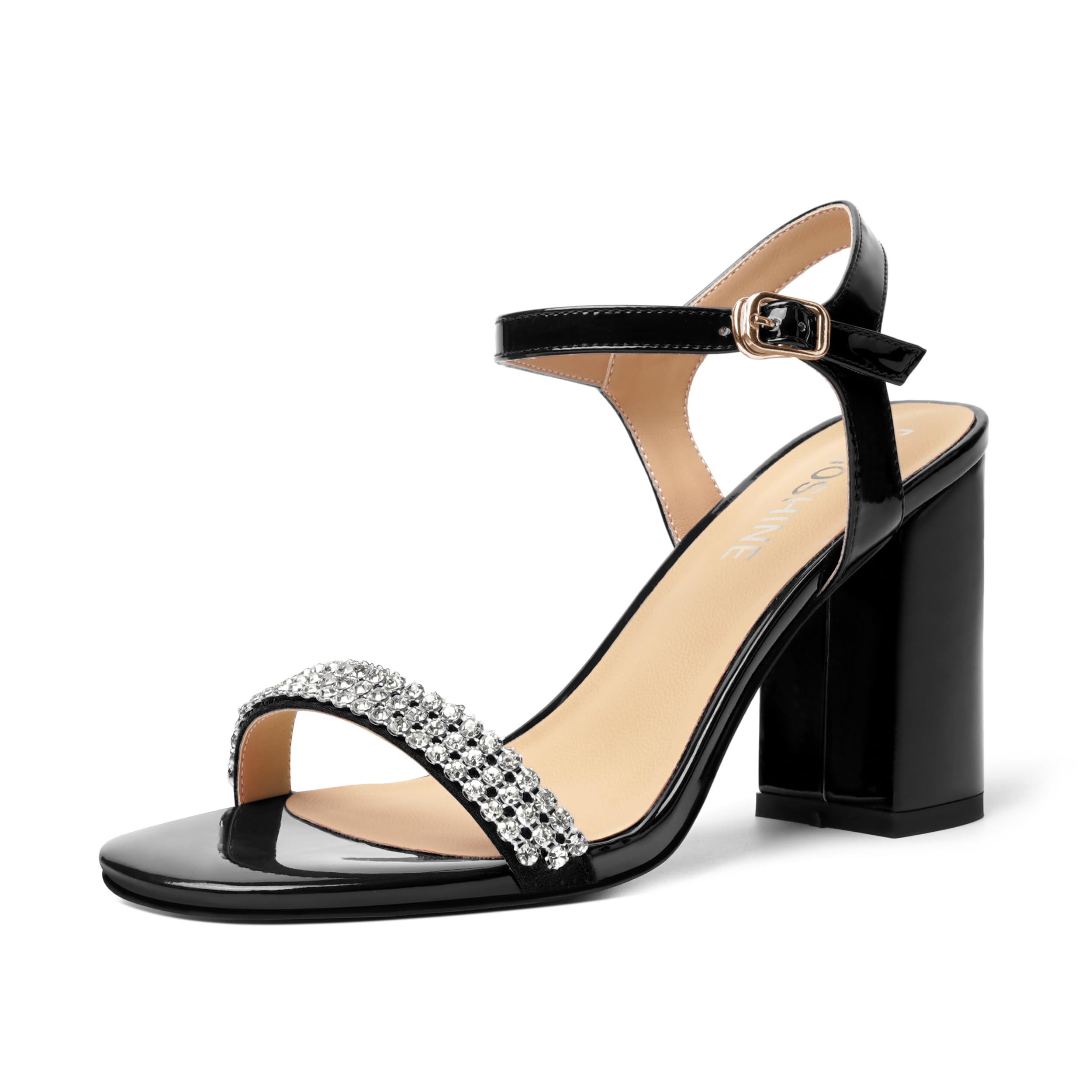 DEMOSHINE Womens Patent Office Open Toe Rhinestone Ankle Strap Round Toe Casual Buckle Block High Heel Heeled Sandals 3.3 Inch