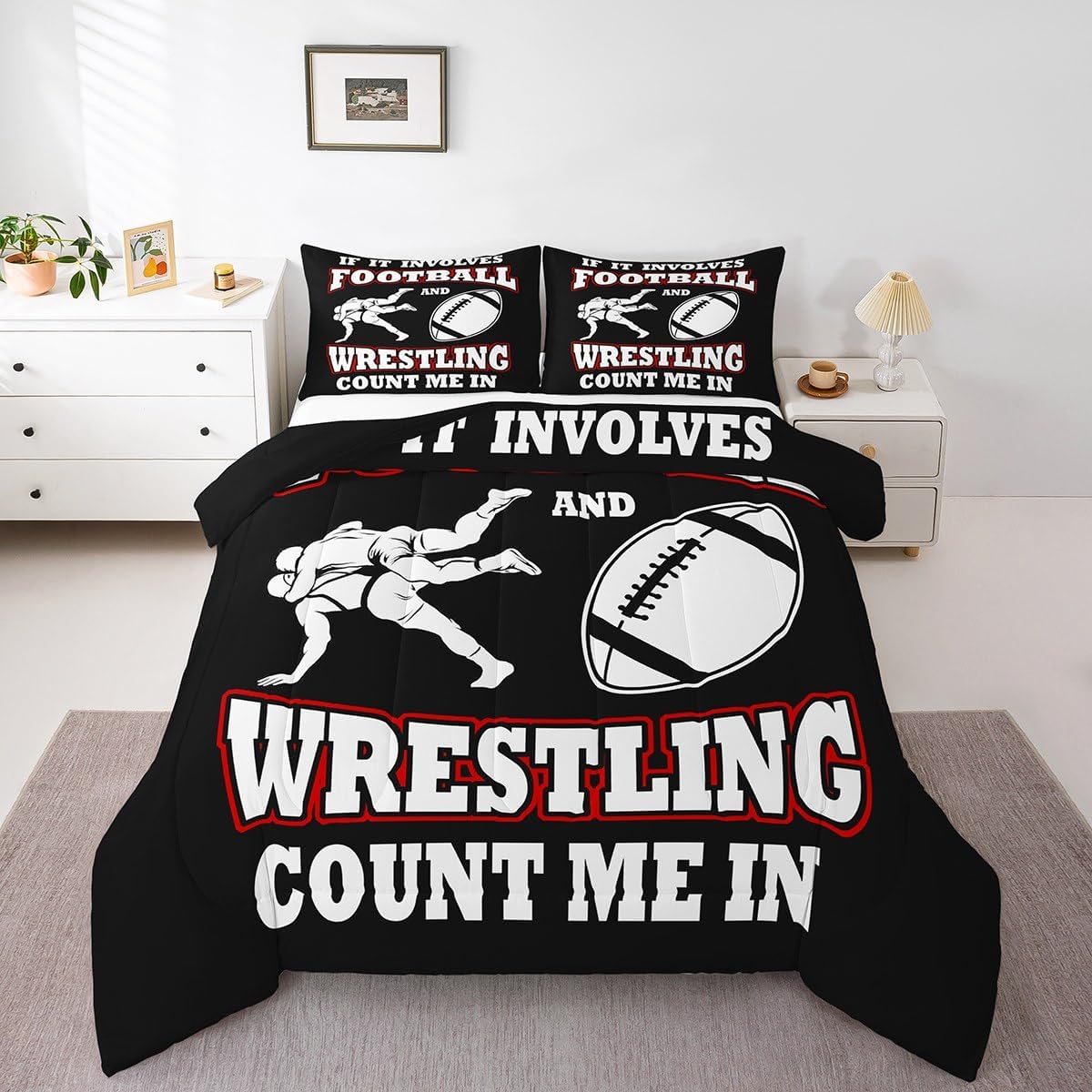 Feelyou Football Comforter Set Boys Girls Wrestle Bedding Set Twin Size Ultra Soft Women Men Wrestling Rugby Comforter Black Sports Theme Bed Set with 1 Comforter, 1 Pillow Case Duvet Room Decor