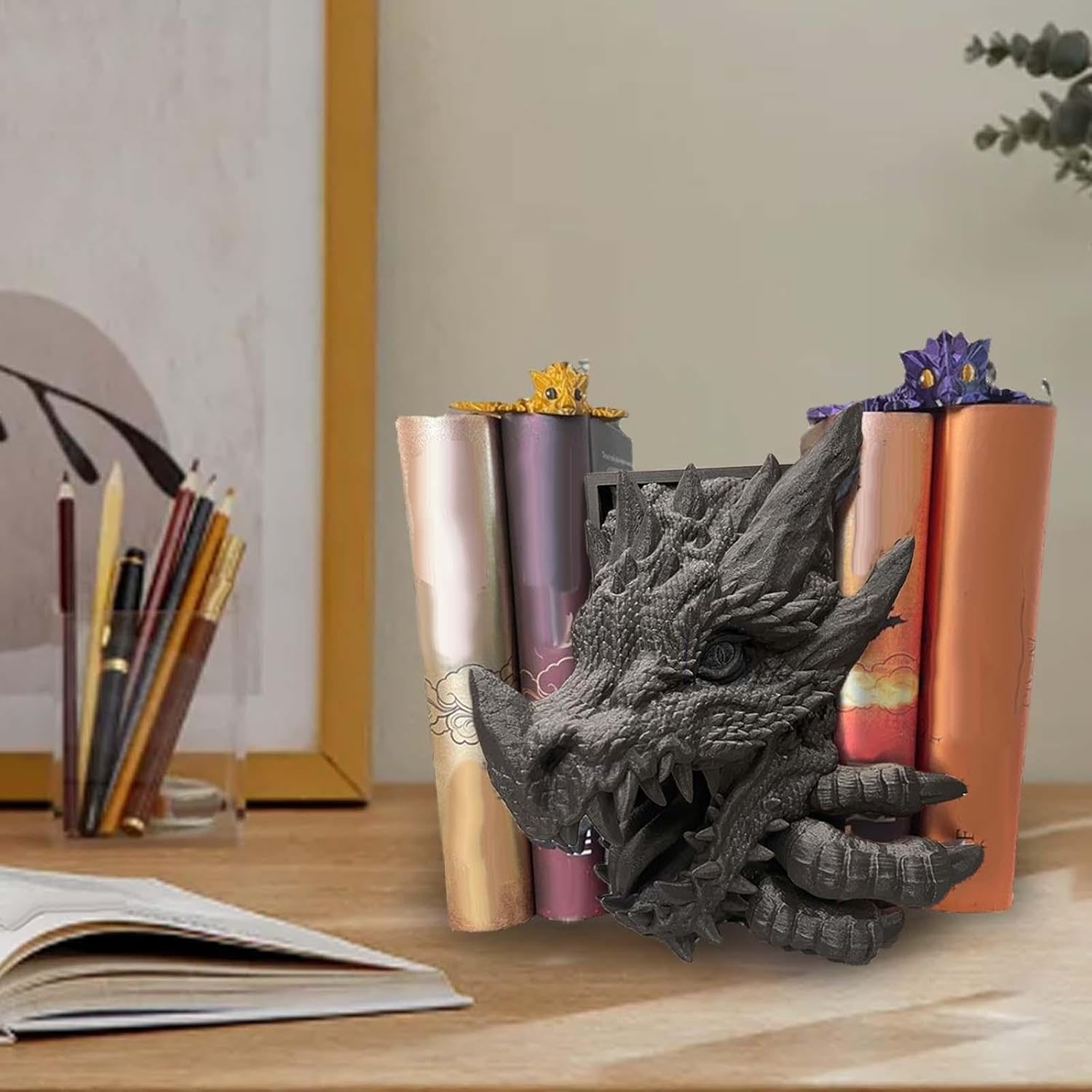 Fenteer Dragon Statue Book Shelf Holder Bookend Resin Collectible Art Crafts Ornament Book End for Living Room Bar Desk Birthday Gift, Style B, 22cmx17cmx12cm