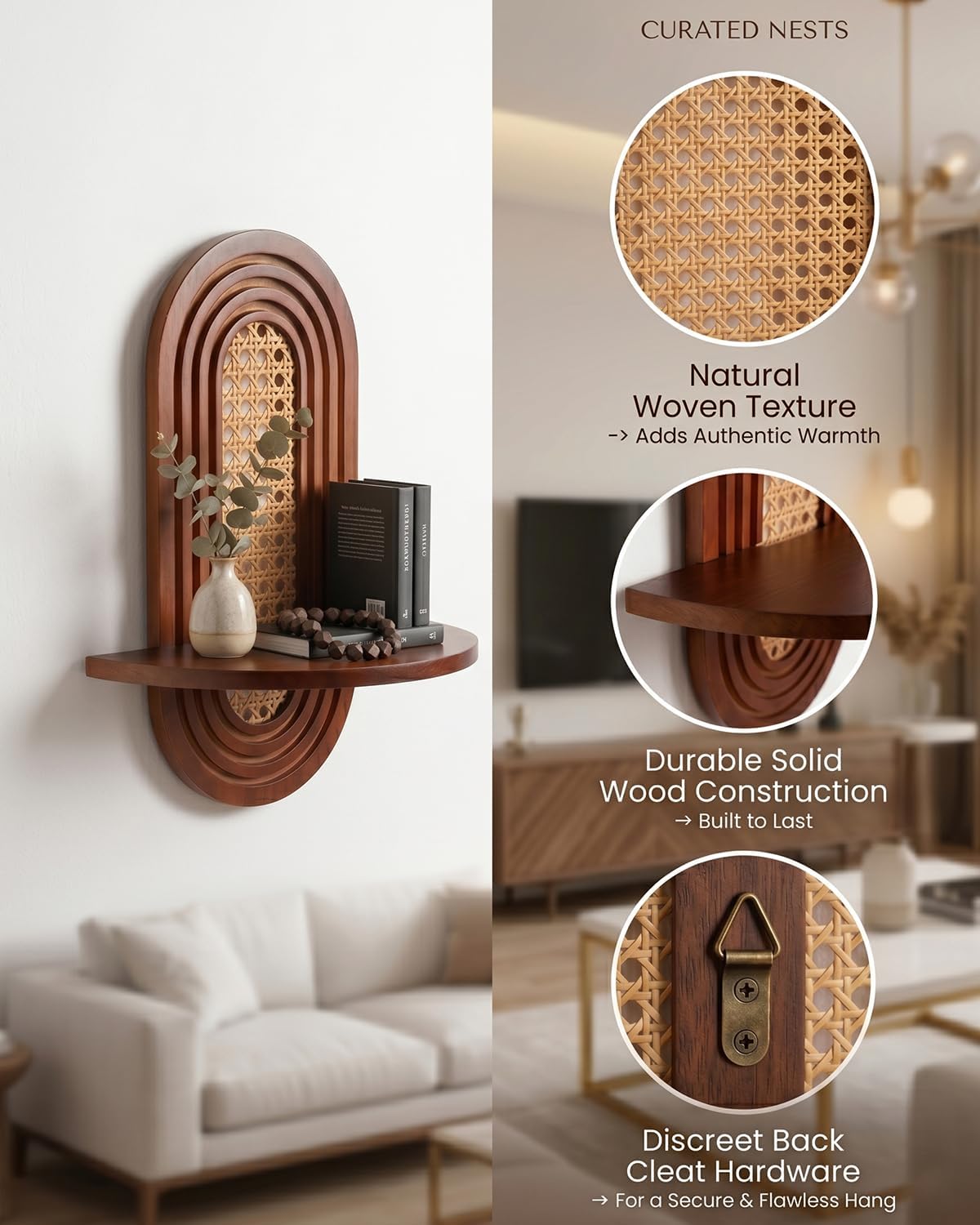 2PCS Boho Floating Shelves, Rattan Plant Shelf, Wall Mounted Decor Storage Rack for Living Room, Bedroom, Bathroom, Rustic Organizer for Plants, Photos, Mid Century Modern Wall Decor (Walnut)