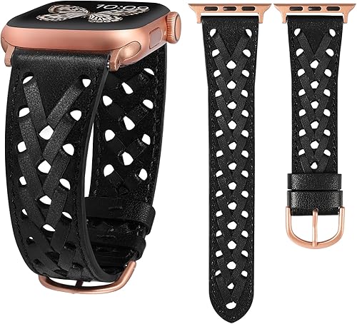 Wearlizer Correa de cuero compatible con Apple Watch Band de 414038444546491.654 in para mujeres y hombres, correa trenzada ahuecada y elegante para