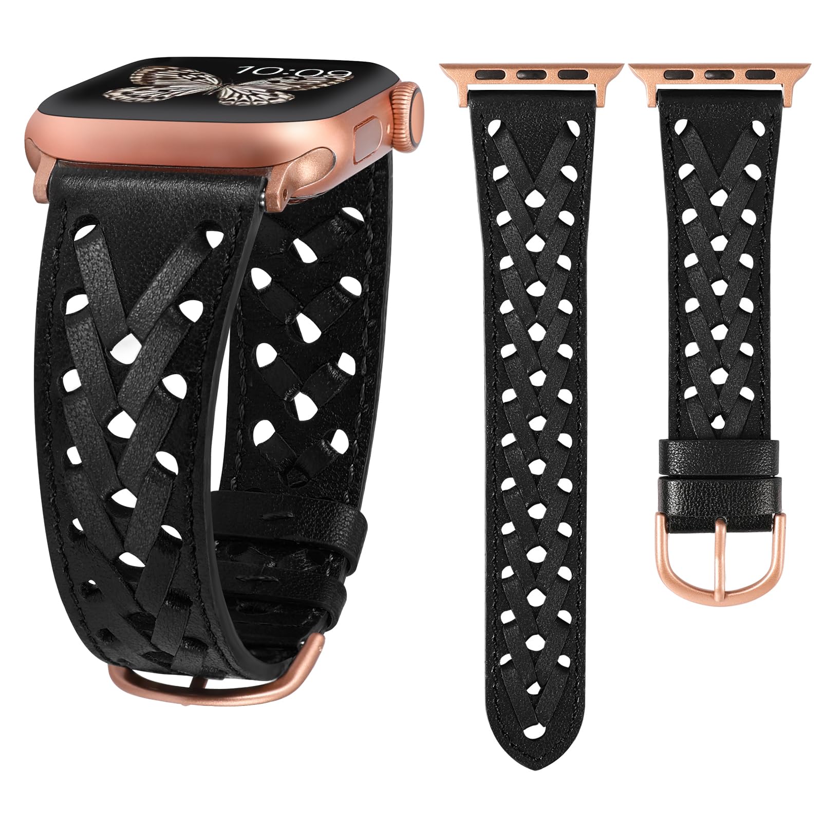 Wearlizer Leather Band Compatible with Apple Watch Band 41/40/38/44/45/46/49/42mm Women Men, Dressy Breathable Hollow-out Braided Strap for iWatch