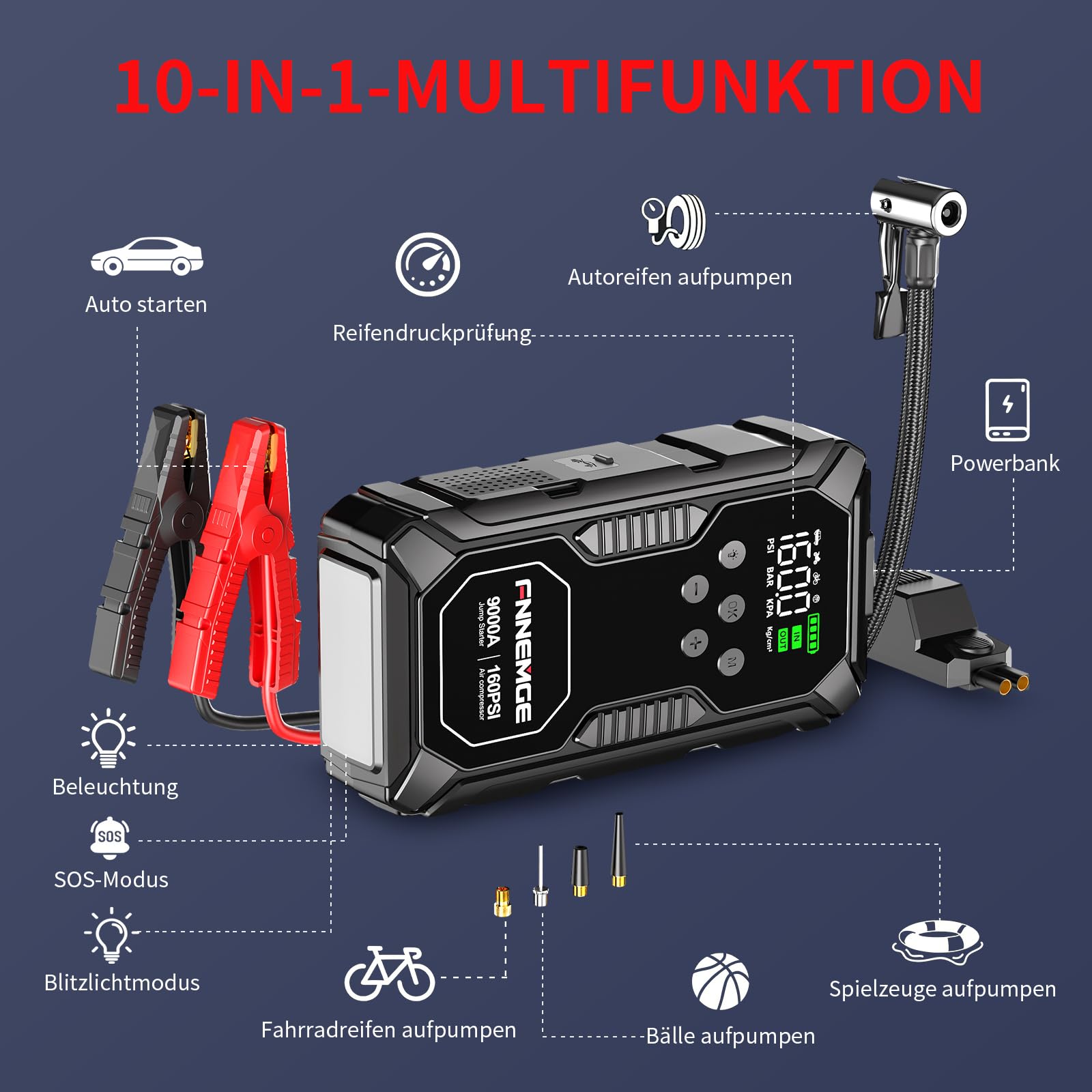 FNNEMGE Starthilfe Powerbank 26800mAh 9000A Spitzenleistung, mit 160PSI Kompressor, 12V(Alle Benzin und 12,0L Diesel) Auto Upgrade Booster, mit USB-Ladeausgang, LED-Leuchten, LCD Bildschirm.