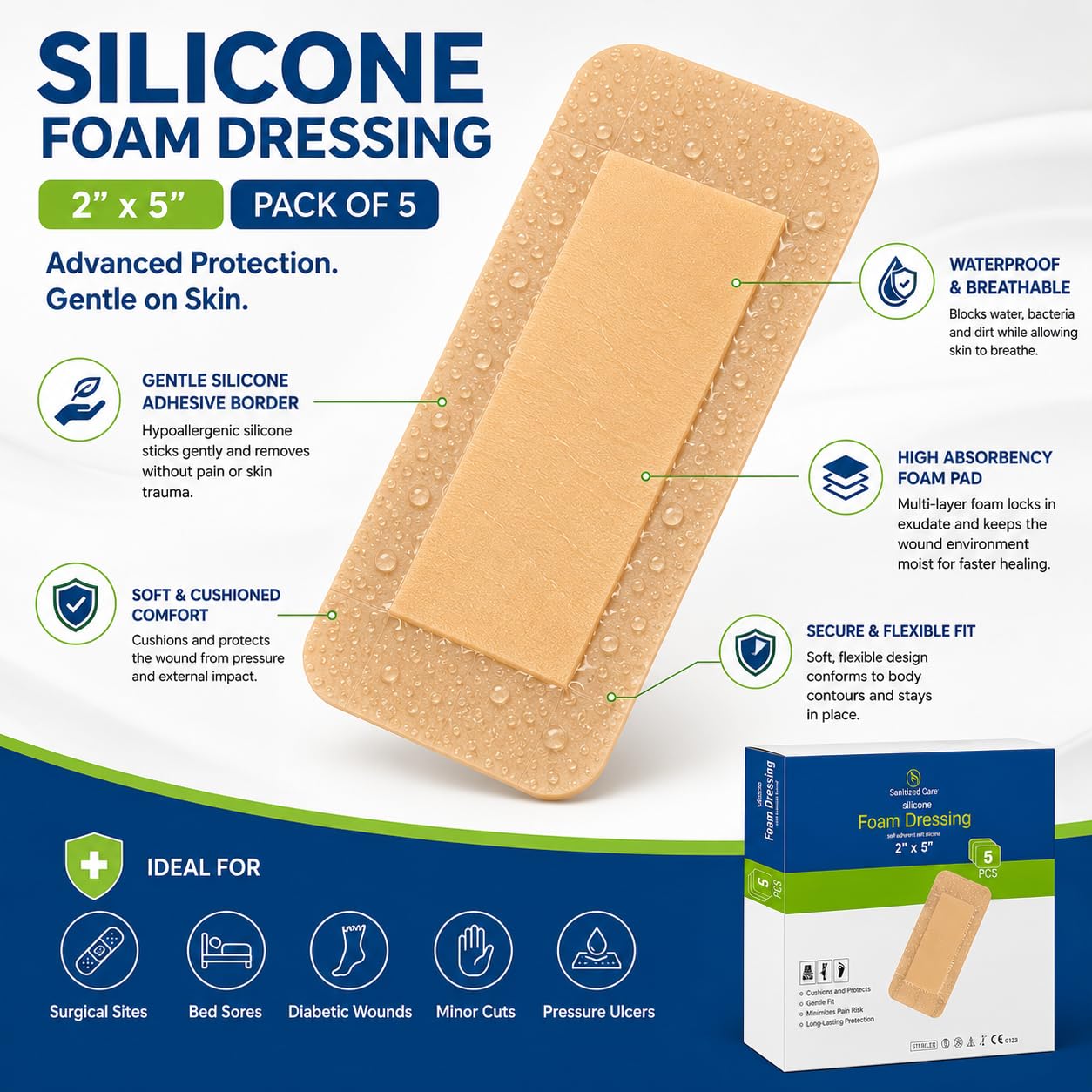 Silicone Foam Dressing with Adhesive Border 2"x5" Pack of 5, Silicone Bandages for Wound Care, Waterproof Bandage for Surgical Wounds, Bed Sores & Pressure Ulcers, Gentle Removal & High Absorbency — Amazon image 4