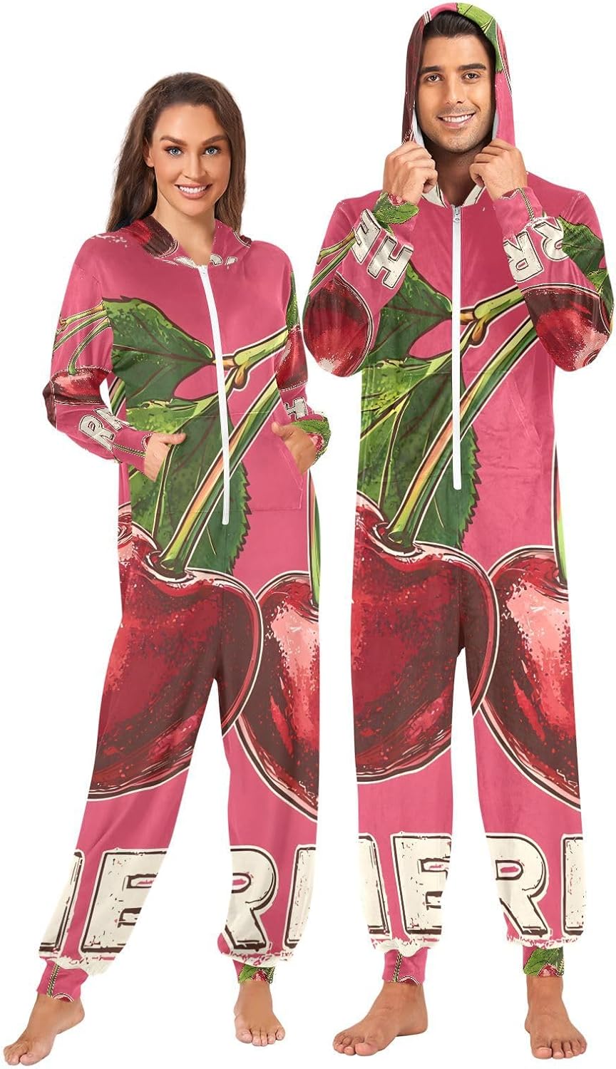 Red Cherry Vintage Adult Onesie Pajamas for Unisex Novelty One Piece Costume Sleepwear