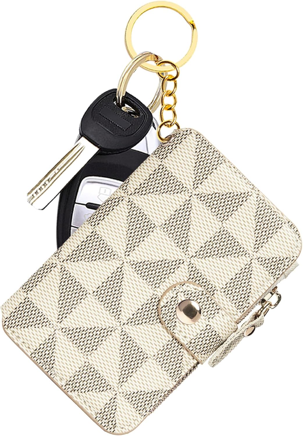 M-Plateau RFID Blocking Slim Card Holder with Key Ring for Women | PU Leather Keychain Wallet with ID Window & Zipper Pocket, Credit Card Case for Daily Carry (Off White)