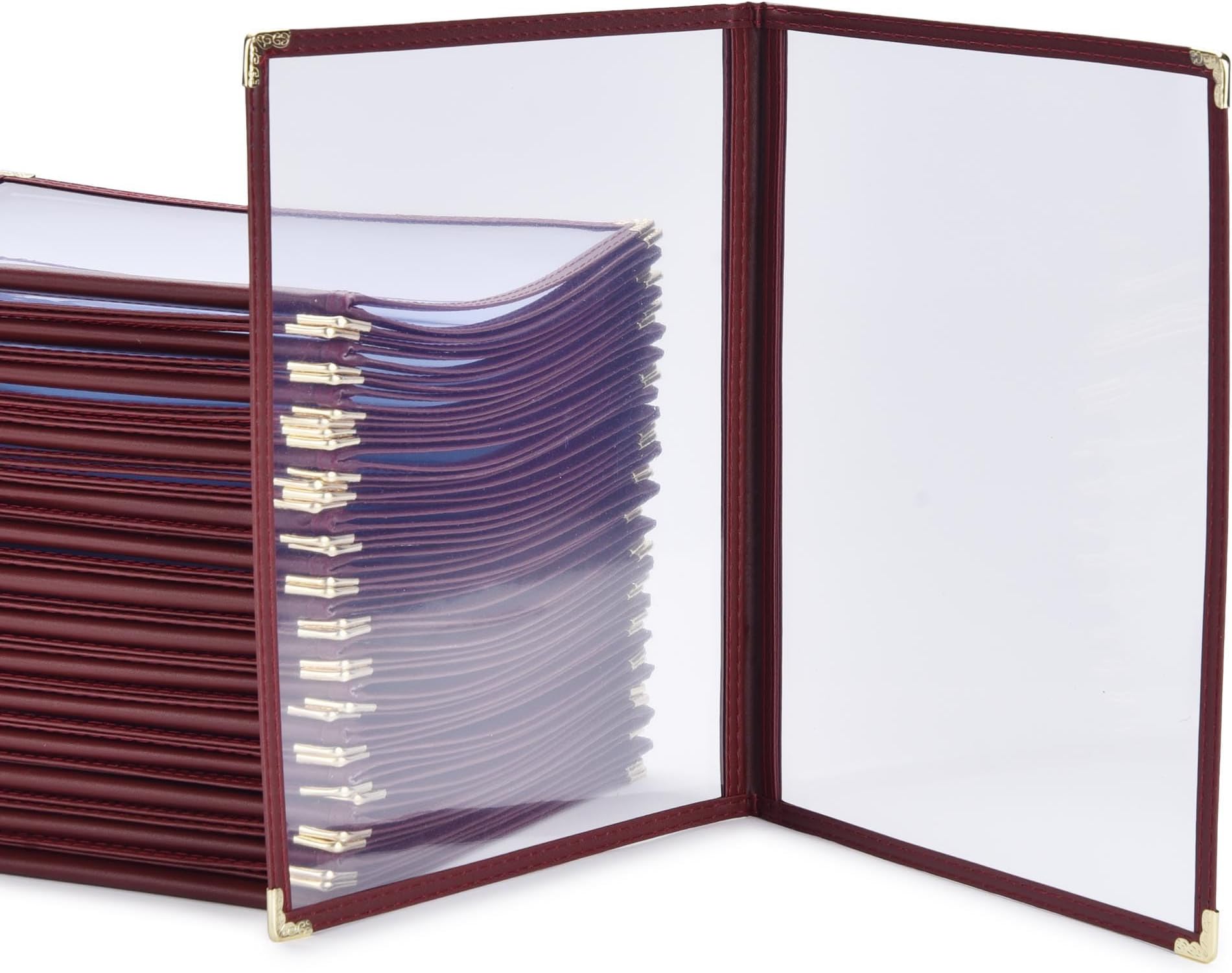 WeChef 30 Pack 8.5" x 11" Restaurant Menu Covers 2 Pages 4 Views PVC Transparent Menu Folder for Bar Cafe Burgundy