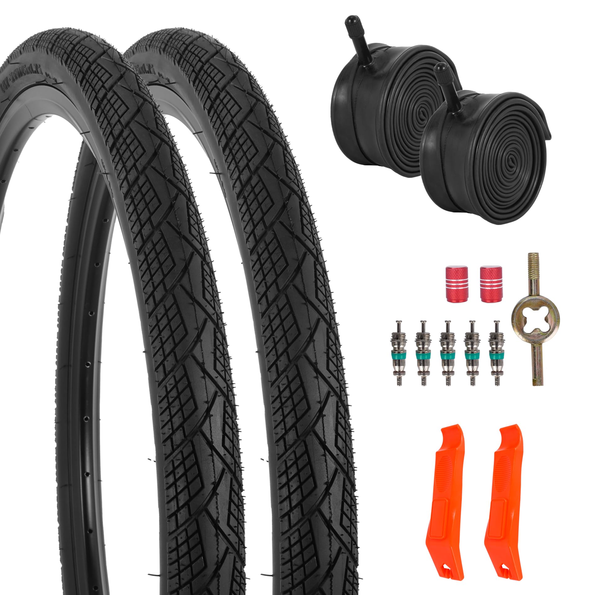 RUHUO 2-Pack 26x1.75 Bike Tire Tube, 26 Inch Mountain Bike Tires & Tubes, Folding Replacement Bicycle Tires with 2 Tire Levers for Hybrid, City Commuter, Urban (UK) (26x1.75)