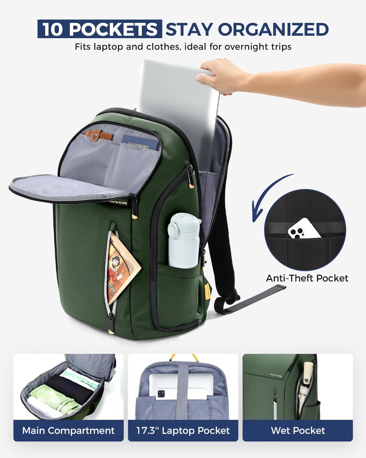 Ponhog 17 Inch Laptop Backpack for Men, Business Travel Anti-Theft Backpack with USB Charging Port, Water Resistant Computer Bag Carry On Flight Approved for Work College Weekender, Green