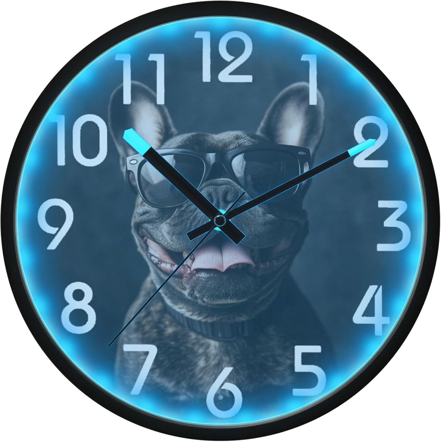 12 Inch LED Nightlight Up Round Wall Clock,Happy Black French Bulldog in Sunglasses Sound Control Battery Operated Large Clock Glow in Dark for Home/Kitchen/Bedroom/Cafe/Office