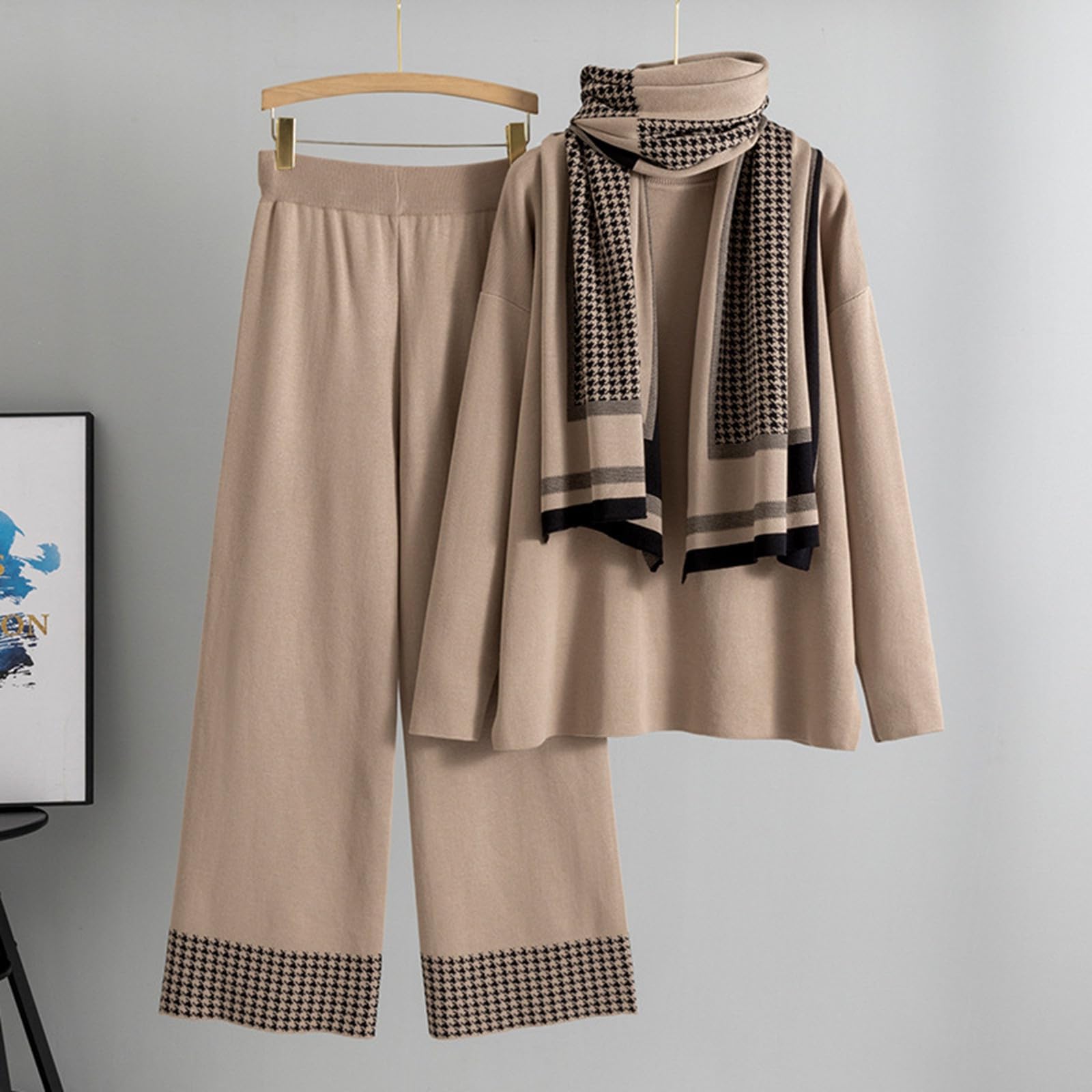 2025 Completo in Maglia Donna Elegante 3 Pezzi Lana Polsino Elastico Tute Maglione Maniche Lunghe e Pantalone Vita a Gamba Larga Tuta Autunno Invernale Set Lavorati Larghi con Sciarpa Morbido