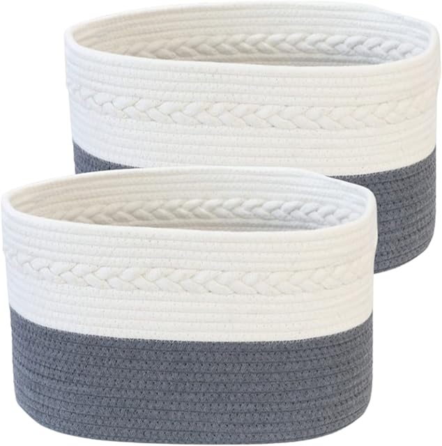 Woven Storage Baskets For Shelves - Cotton Rope Basket Set Of 3 Storage Basket. Oval Woven Basket With Handles For Soft Toy Storage, Baby Nursery Storage, Towel Basket Set. Grey Storage Baskets