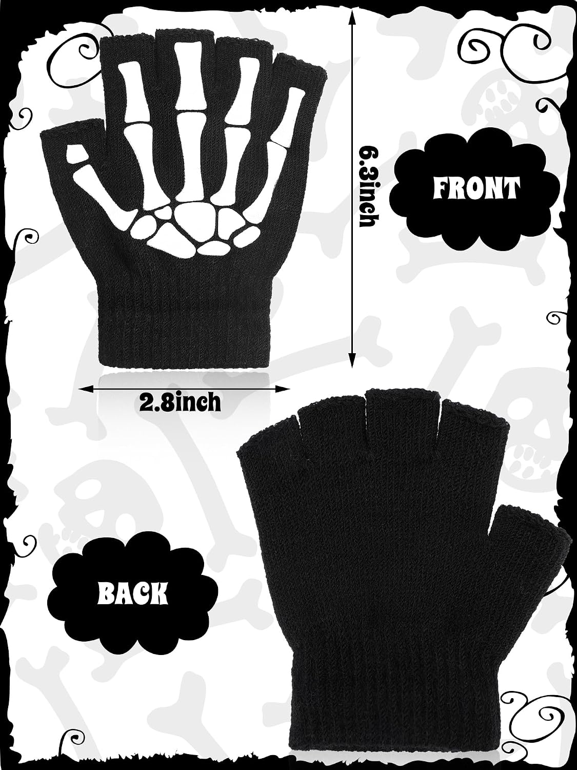 Bencailor 2 Pairs Skeleton Knitted Skull Gloves Glow in The Dark Fingerless Gloves Cosplay Costume Accessories