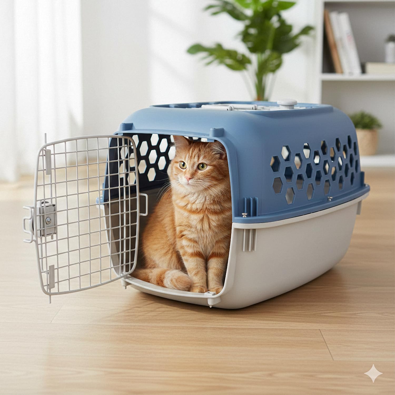 Portable Double Door Pet Carrier for Dogs & Cats, Blue and White, 24 Inch, Plastic and Steel Wire, Top Loading with Ventilation