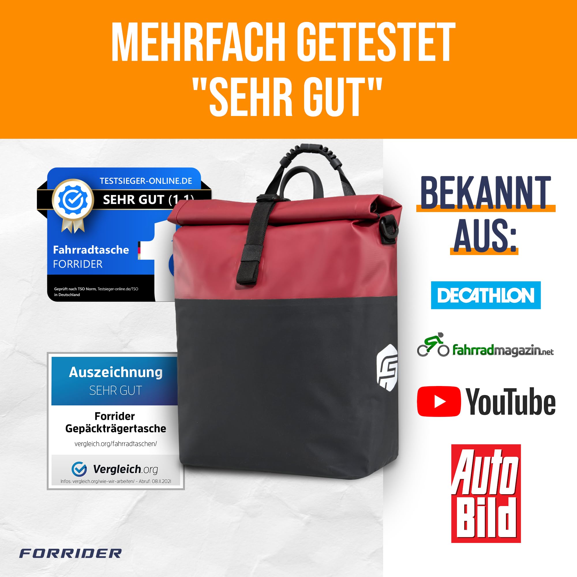 Forrider Fahrradtasche E-Bike & Fahrrad Tasche wasserdicht 22L für Gepäckträger mit Schultergurt & Reflektoren | Fahrrad Gepäckträgertasche | Fahrradtaschen Gepäckträger Tasche hinten (Rot)