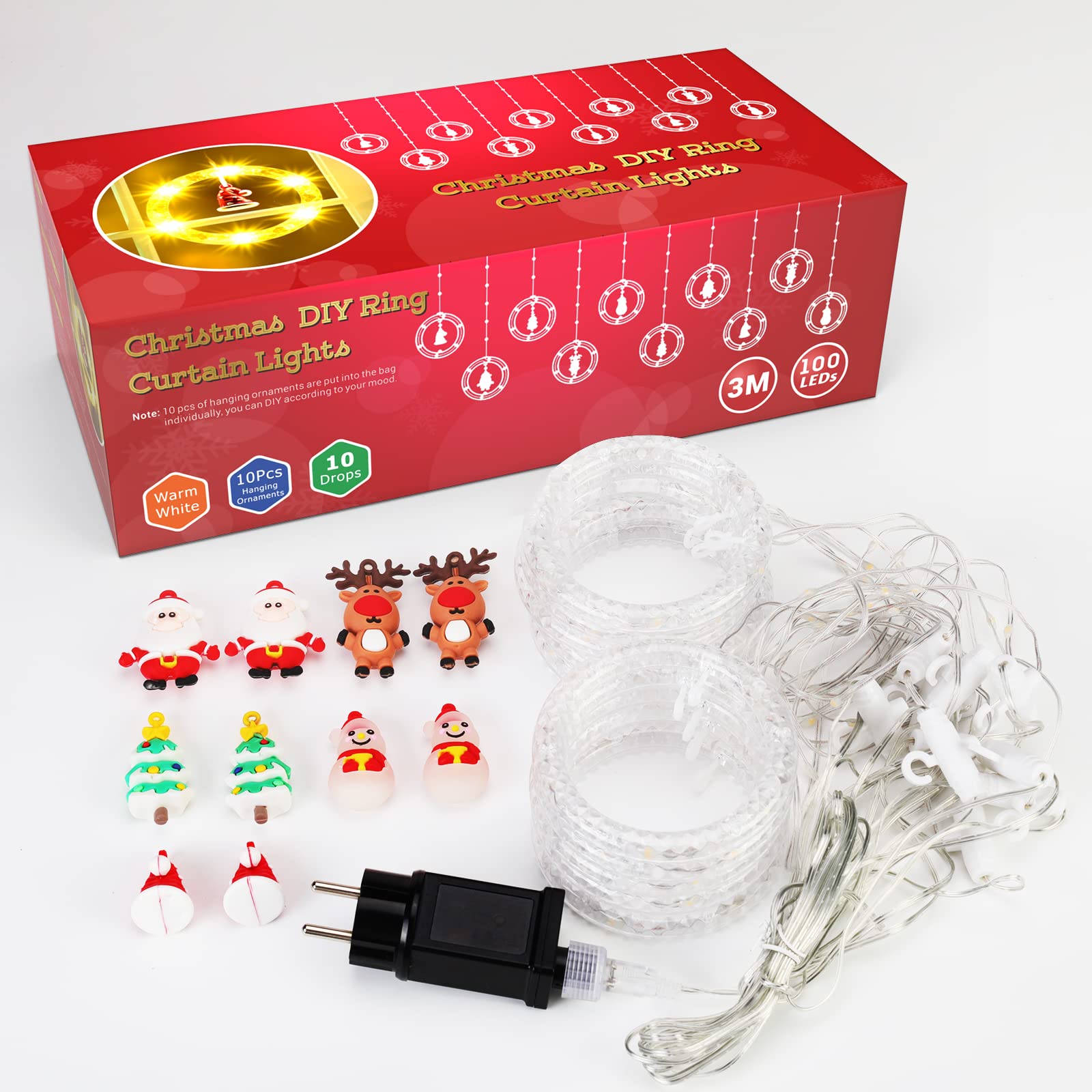 GlobaLink 3M x 0.7M Cortina Luces Navidad Enchufe con 10 Anillos Estatua, Impermeables 8 Modos Adornos para Natal Ventana Bodas Exterior Interior, Luz de Cadena Guirnalda, 100 LED, Blanco Cálido