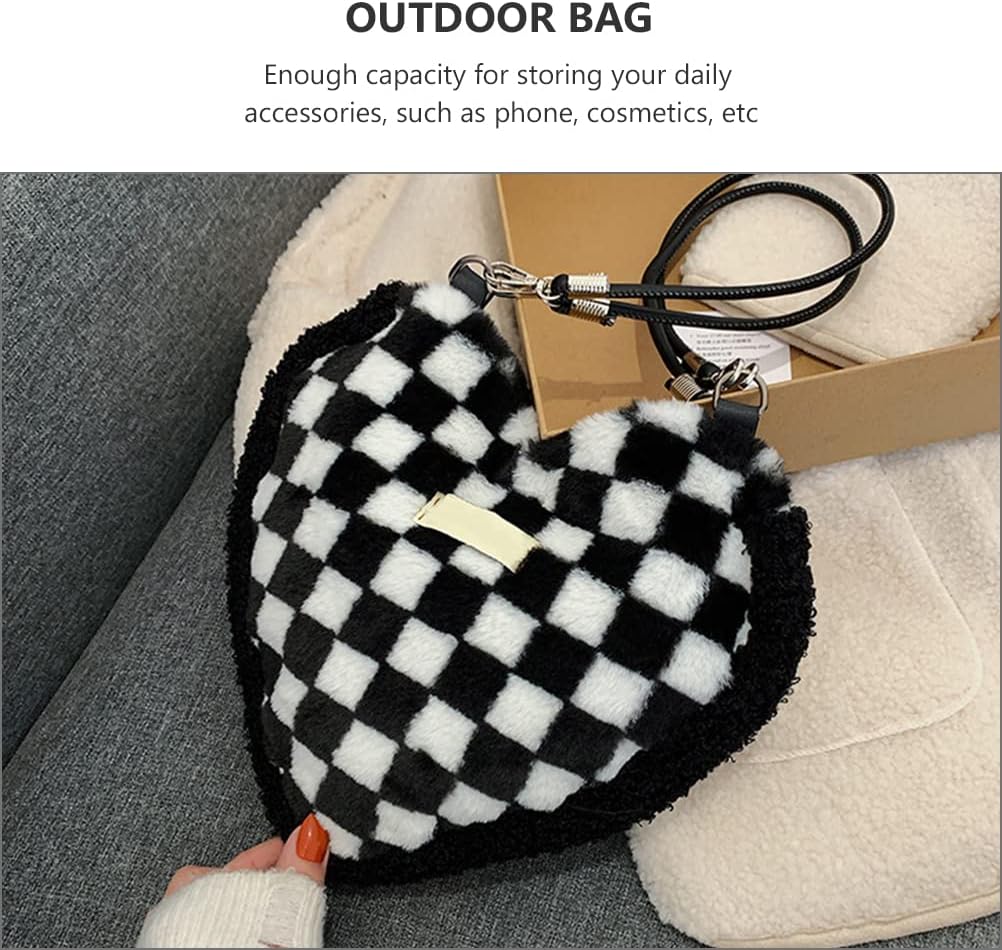 LUOZZY Lattice Pattern Plush Tote Bag Fashion Shoulder Bag Women Cross Body Bag for - Black and White Checkered