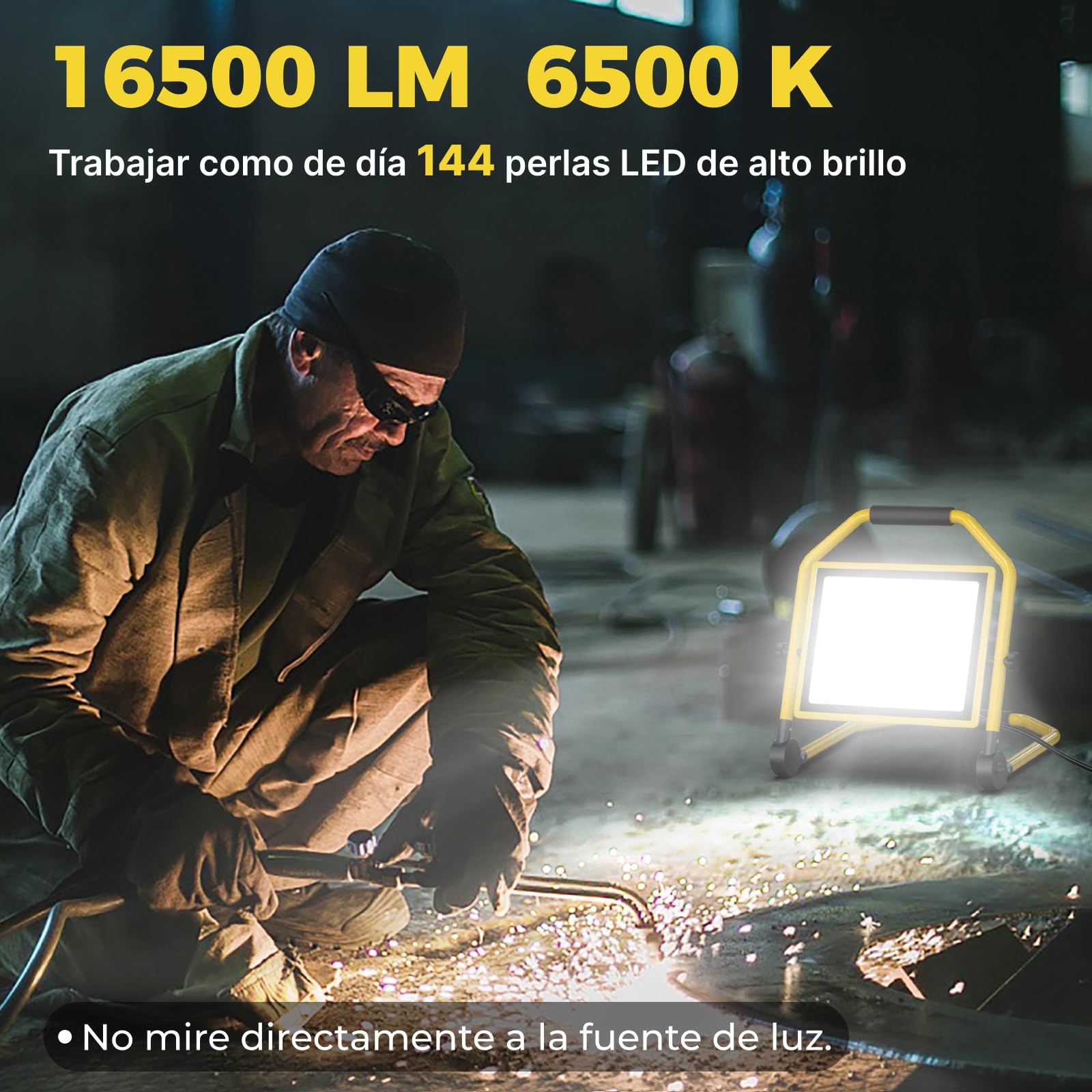 LED Foco de Construcción con 16500 Lumen, Cable 16FT, 6500k, Impermeable, Soporte Ajustable Ideal para Talleres Interiores y Exteriores, Garajes y obras de Construcción (150W)