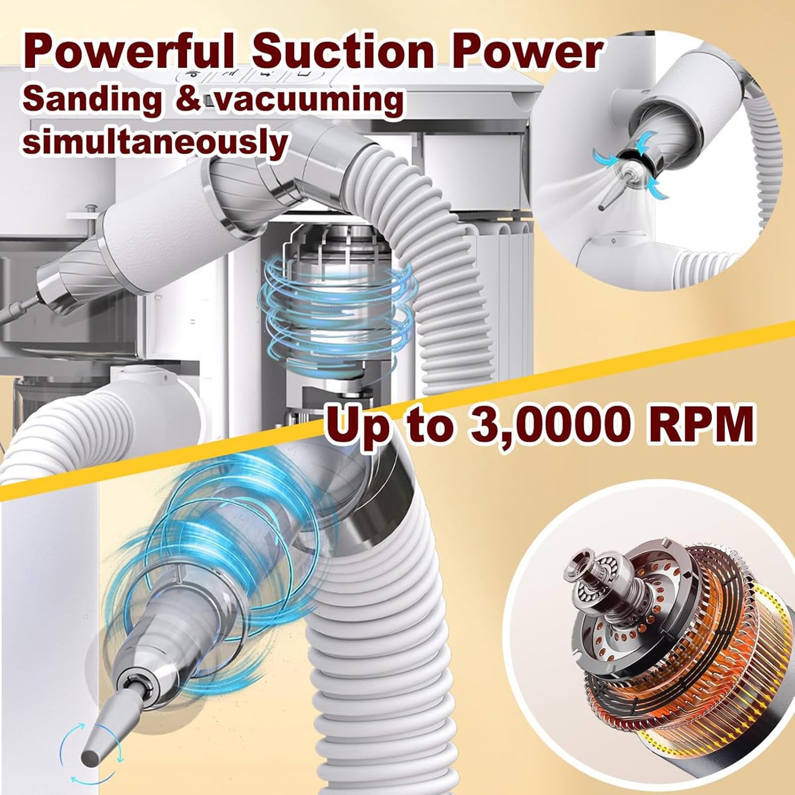 Taladro eléctrico de uñas 2 en 1 con recolector de polvo, motor sin escobillas de 30 000 RPM, succión al vacío de 1,5 kPa, silencioso ≤58 dB, succión y ángulo ajustables, para salones de uñas White