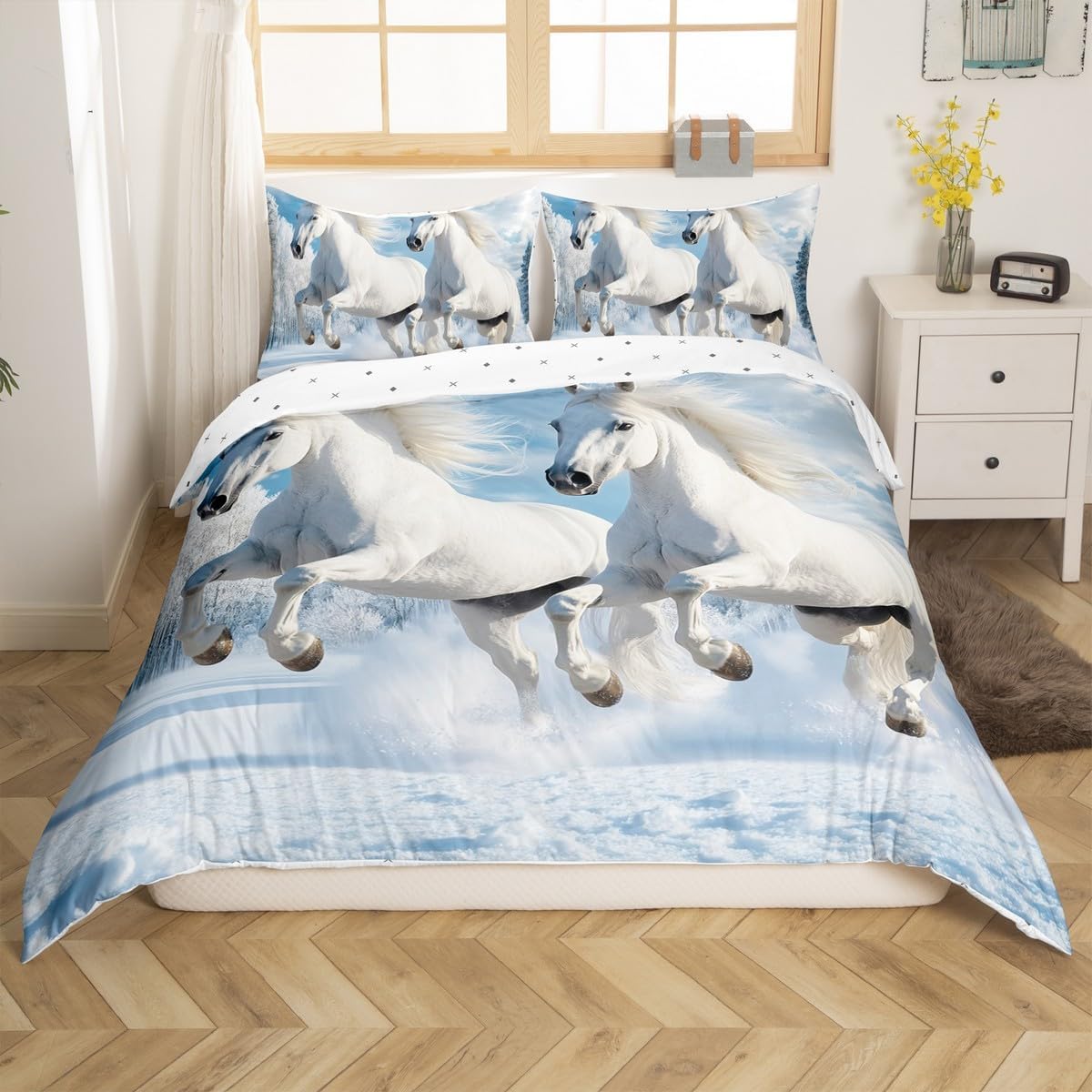 Erosebridal Adult Bedding Set Full Size White Horse Printed Soft Simple Duvet Cover Animal Theme Comforter Cover Snow Decor Duvet Cover 3D Running Horse Cool Style Duvet Cover for Teens Kids