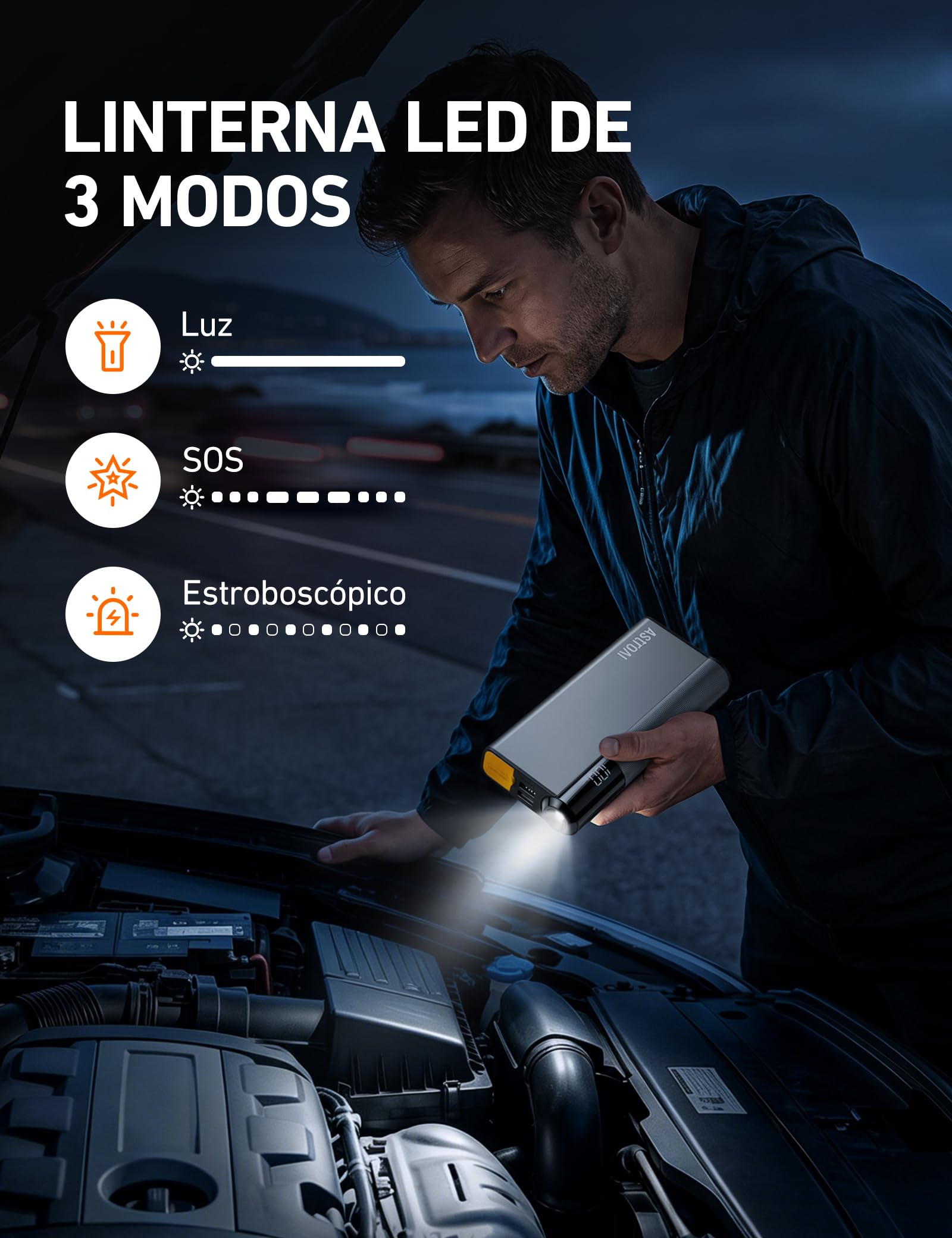 AstroAI Arrancador de Batería de Coche 8000A de Aluminio Ultrarresistente | 3 en 1 Jump Starter Portátil (Todo Gasolina/12L Diésel) con Pantalla LCD, Luz LED Emergencia y Powerbank, Amarillo