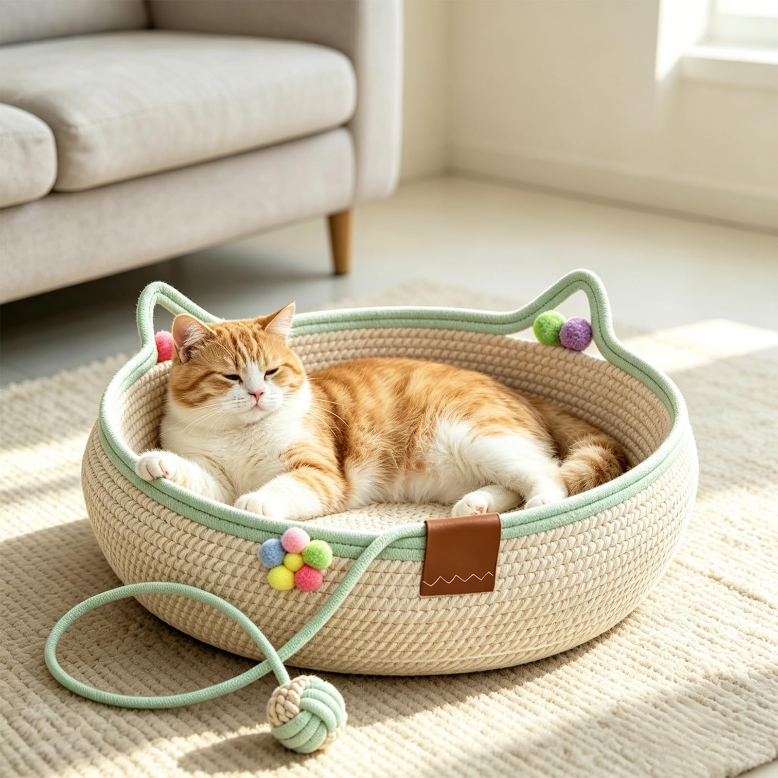 FAKOFIS Cotton Rope Cat Bed Basket, Handwoven Cat Bed with Scratching Toy Ball, Breathable Round Cat Scratcher Bed, Cute Cat Ear Design, All Season Cozy Sleeping Nest for Indoor Cats