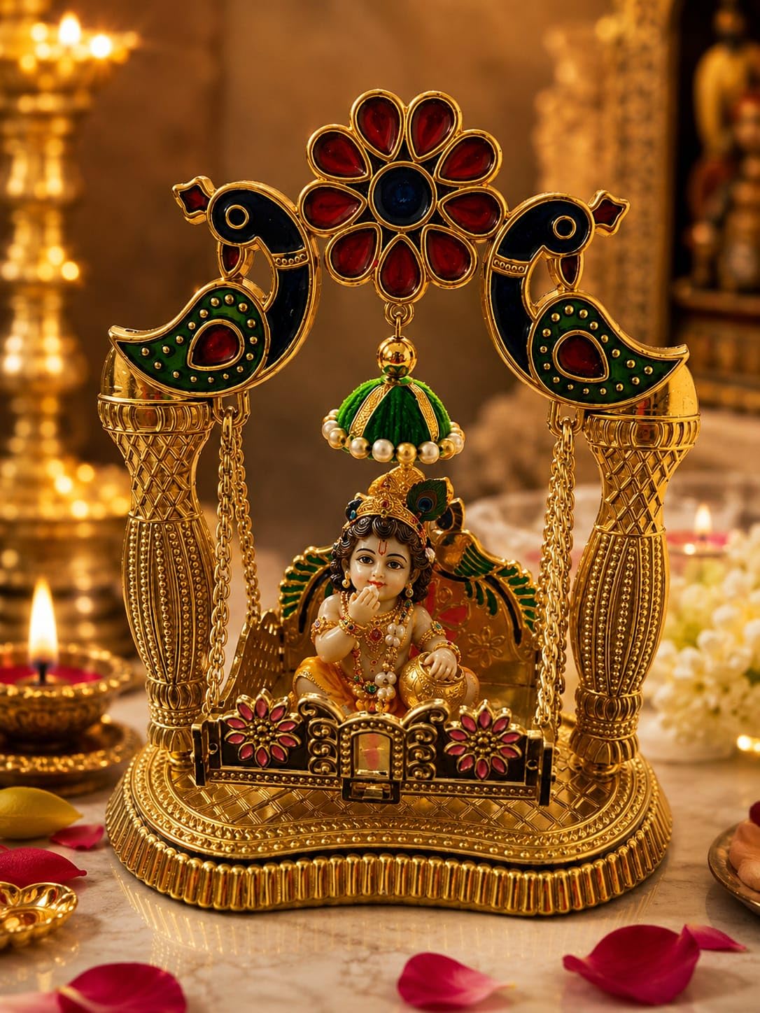 Royal Laddu Gopal Jhula | Decorative Golden Krishna Swing | Elegant Home Temple Pooja Accessory | Janmashtami & Festival Decoration-picture-14