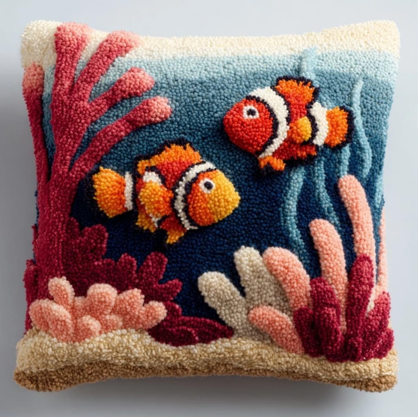 AxiangziK Handmade Latch Hook Cushion Kit 17x17 Inch,Coral and Fish Complete DIY Pillow Making Kit for Home Decor - Bedroom Throw Pillow Craft Gift