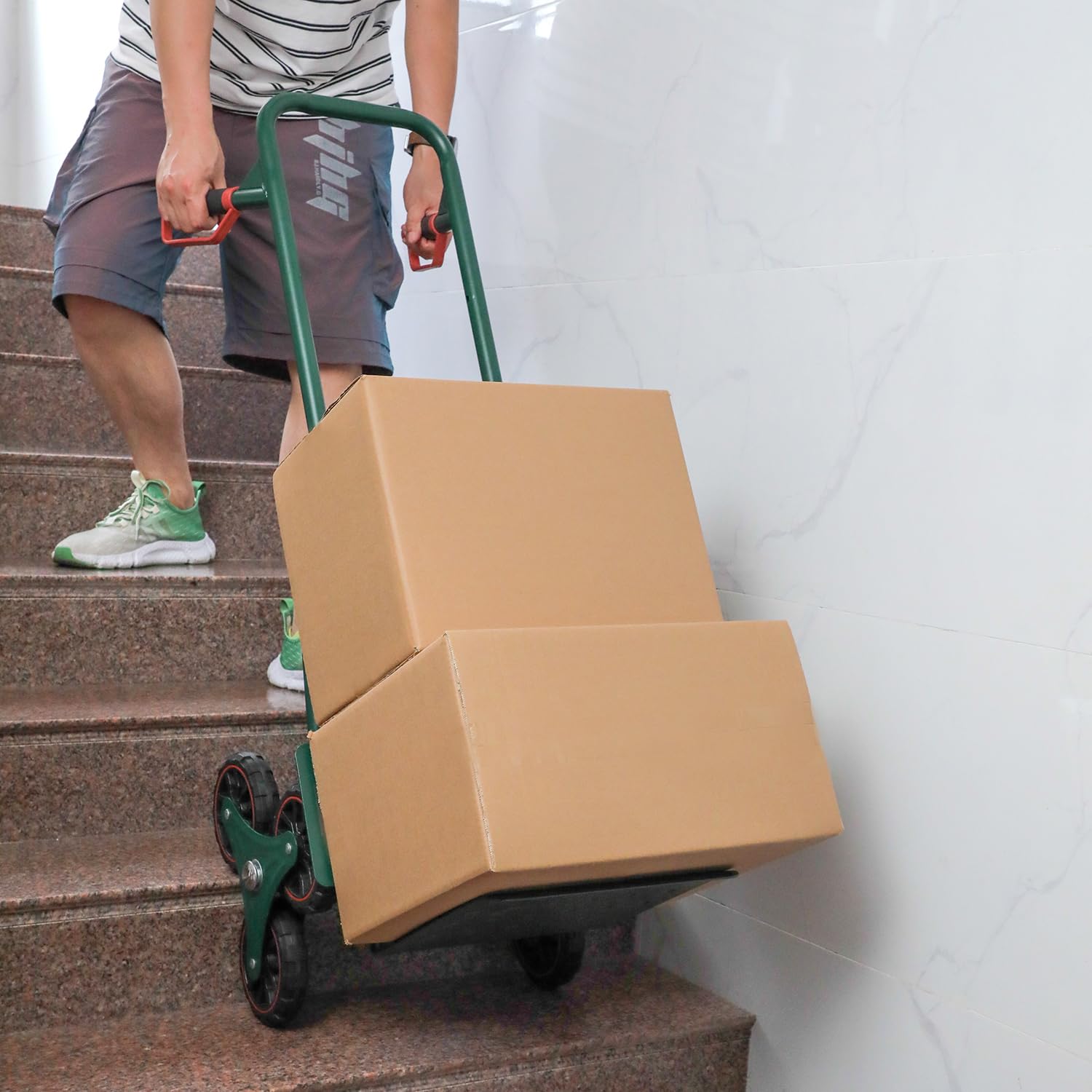 KATSU Tools Carretilla de mano plegable para subir escaleras, carga de 150 kg, 6 ruedas, altura ajustable, mango telescópico, carrito de entrega de paquetes de carga