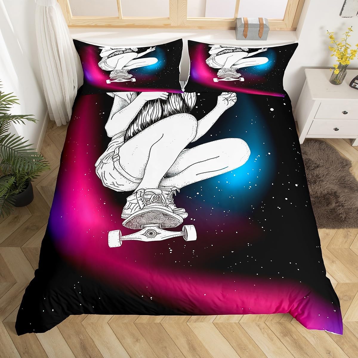 Feelyou Stylish Skater Duvet Cover Skateboard Bedding Set Hipster Decor Comforter Cover for Boys Girls Teens Bedroom Decor Hip Hop Street Culture Bedspread Queen Size With 2 Pillow Case (No Comforter)