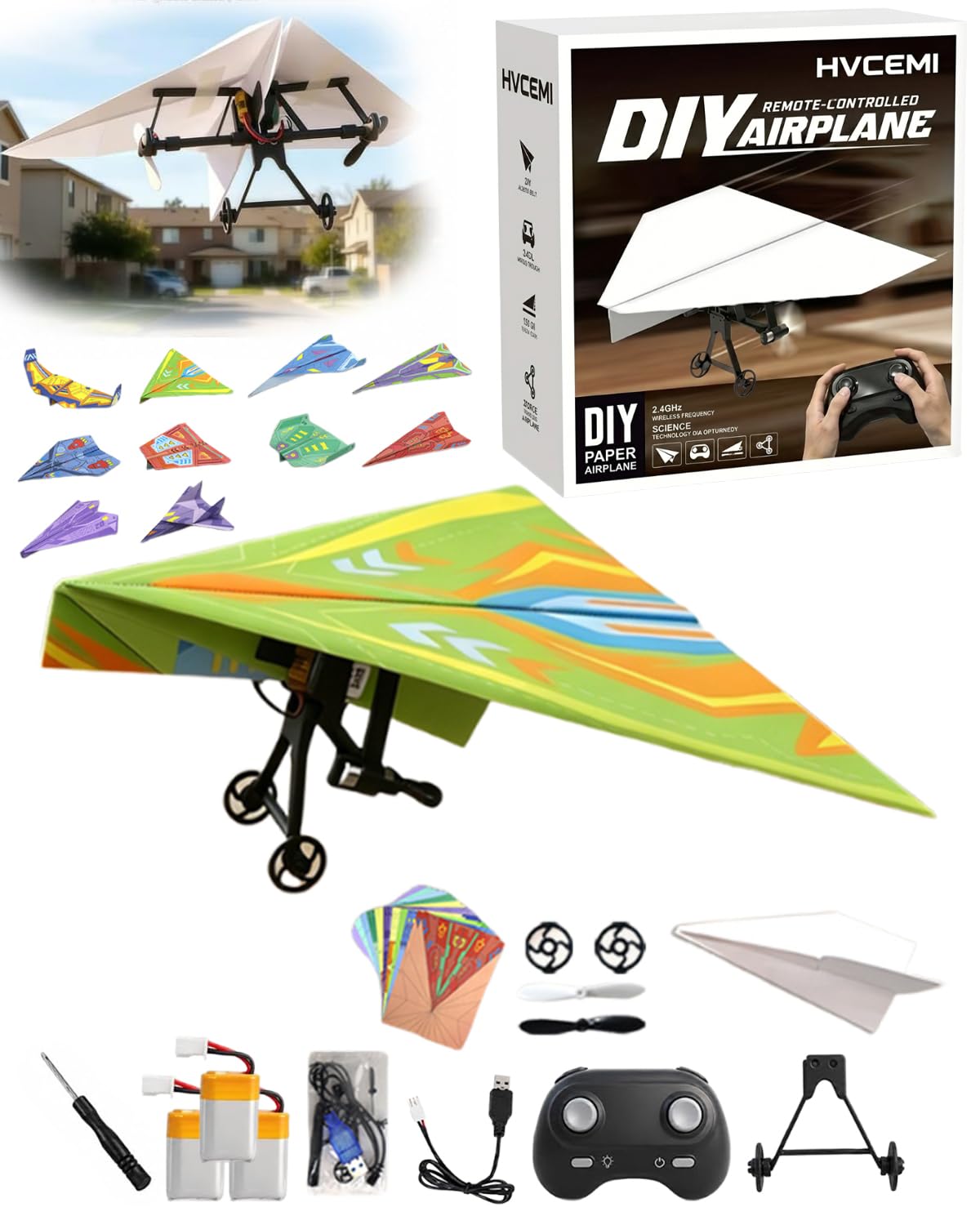 Rc Paper Airplane Motor Kit DIY Model Airplanes Launcher Construction Set with Gyro Stabilizer Dual Propellers Foldable Electric Remote Control Plane Drone Stem Toy Tech Gadgets Gifts (with Plane F)