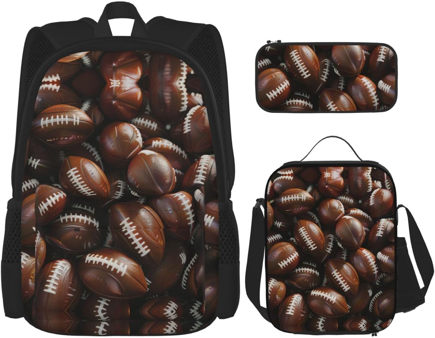 Pile Of Footballs Backpack With Lunch Box 3 In 1 Set With Pencil Case, Large Capacity Backpack With Chest Strap