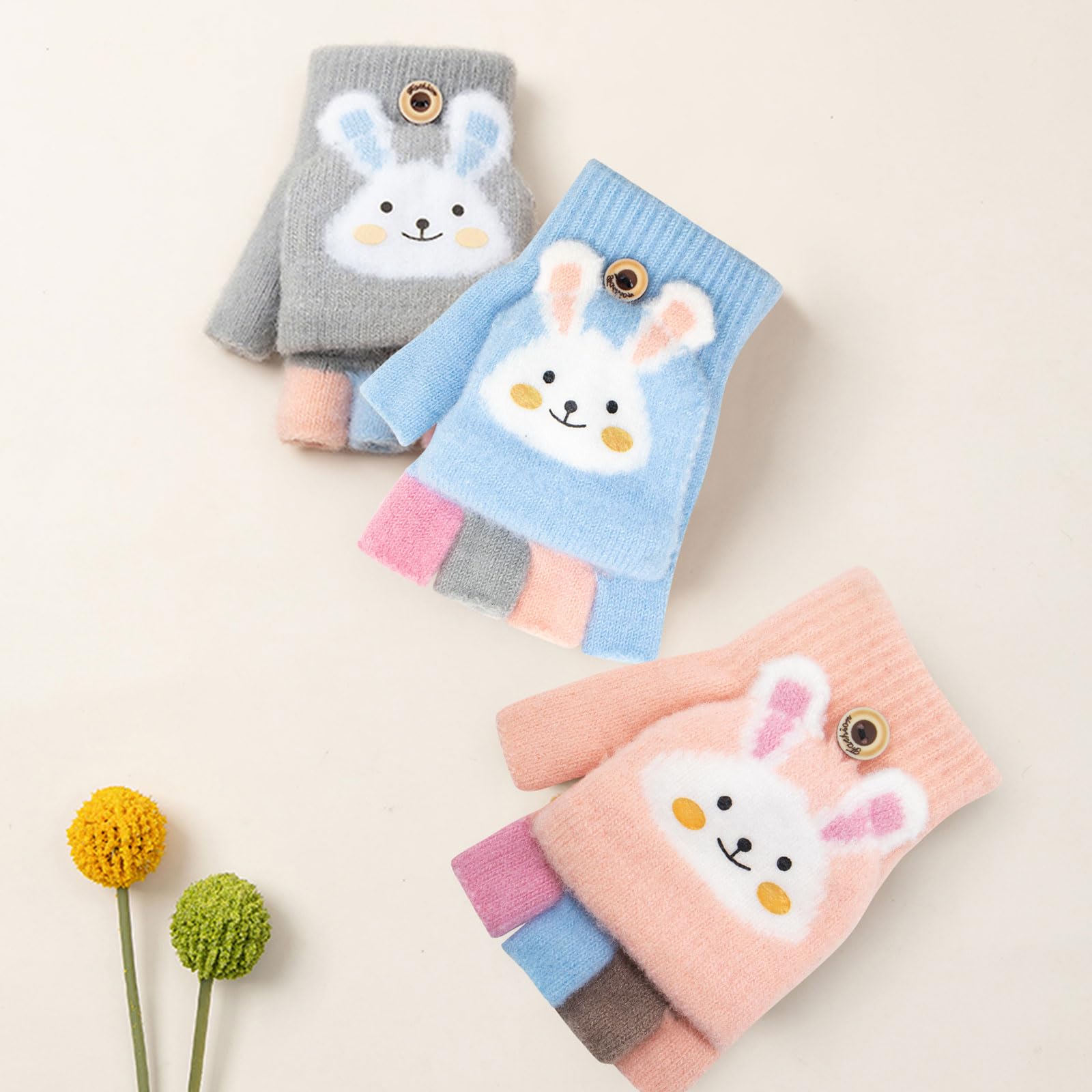 Guantes para niños sin dedos Invierno cálido convertible Flip Top Guantes suave forro de punto y elástico Cute Cartoon para Niños Niño Niñas 7-10 Años